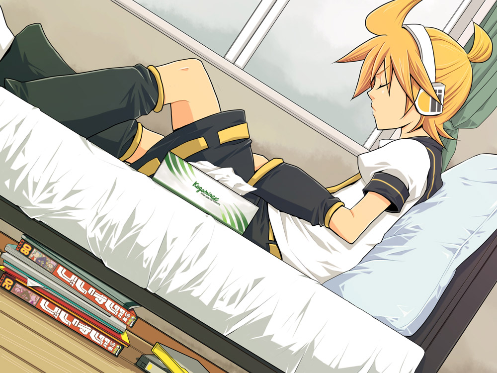 yomorin, kagamine len, shounen jump, vocaloid, bad id, bad pixiv id, 1boy, bed, blonde hair, brand name imitation, closed eyes, dutch angle, implied masturbation, magazine (object), male focus, short hair, sitting, solo, tissue, tissue box, videocassette