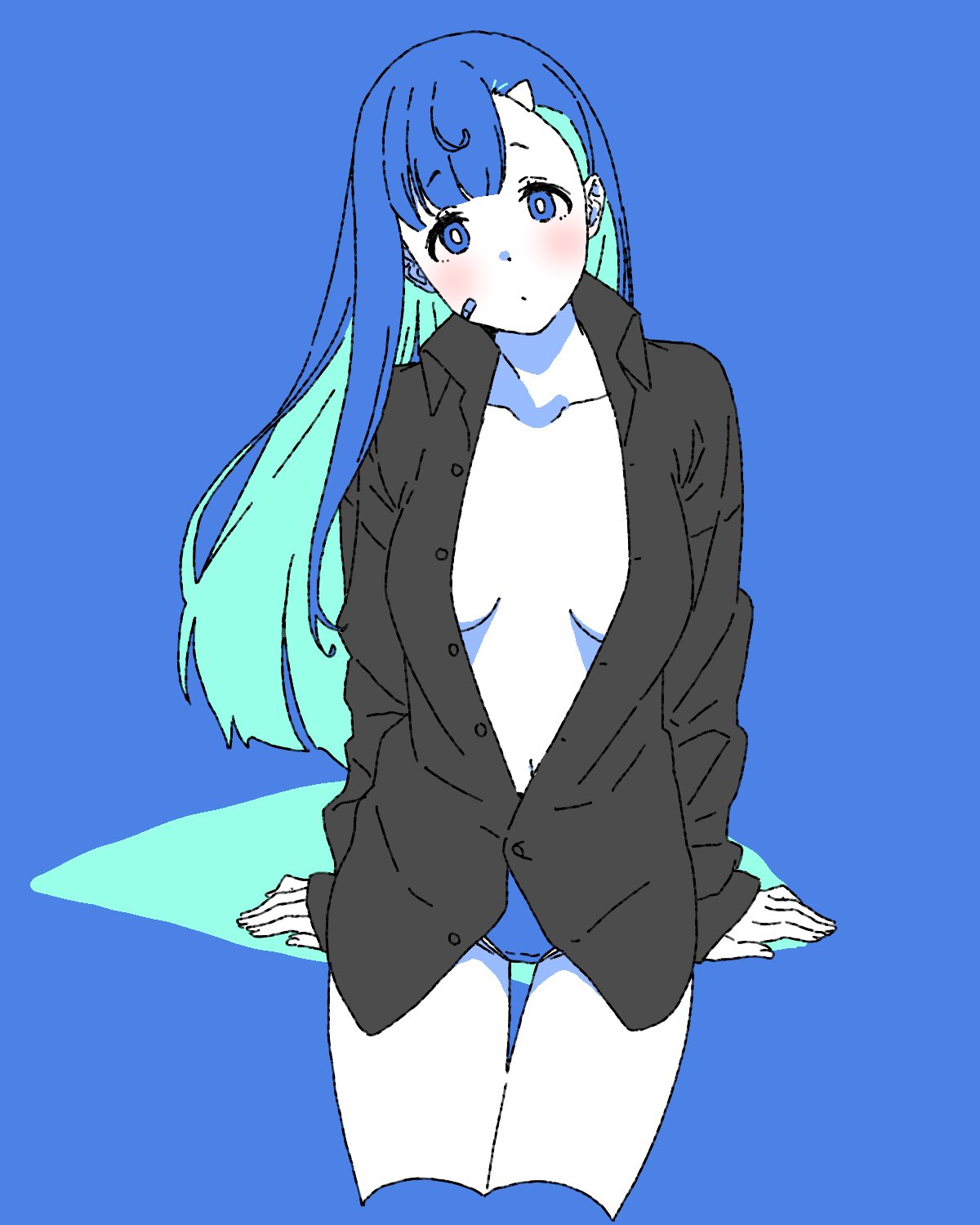 matatabeat, original, commentary, highres, 1girl, blue background, blue eyes, blue hair, blue panties, blue theme, breasts, center opening, closed mouth, collarbone, cropped legs, dot mouth, long hair, looking at viewer, navel, no bra, panties, panty peek, simple background, solo, underwear
