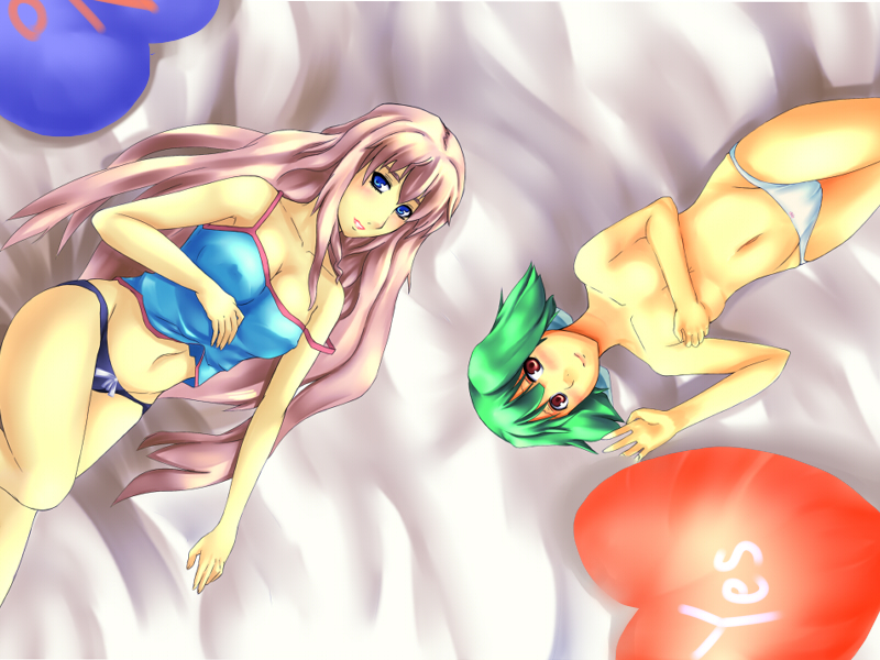 nahu, ranka lee, sheryl nome, macross, macross frontier, breast hold, bad id, bad pixiv id, 00s, 2girls, breasts, camisole, covered erect nipples, covering breasts, covering privates, flat chest, from above, green hair, heart, heart-shaped pillow, long hair, lying, medium breasts, multiple girls, navel, on back, panties, pillow, pink hair, short hair, smile, topless female, underwear, yes-no pillow