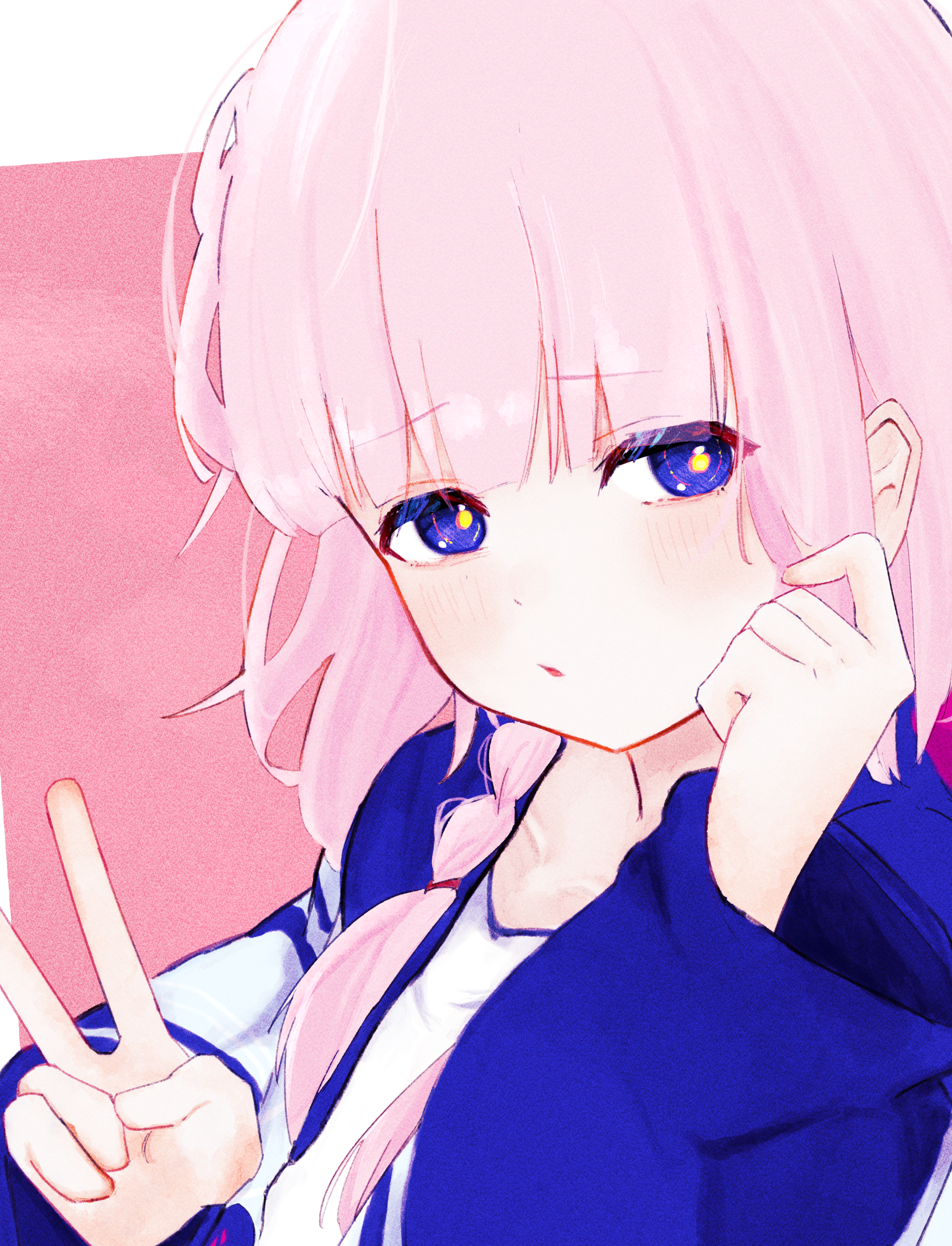 kaf (kamitsubaki studio), kamitsubaki studio, absurdres, commentary request, highres, 1girl, blue eyes, blue jacket, blush, braid, hands up, jacket, long hair, long sleeves, looking at viewer, minamo chibame, open clothes, open jacket, parted lips, pink background, pink hair, portrait, shirt, solo, twin braids, v, virtual youtuber, white shirt, wide sleeves, yellow pupils