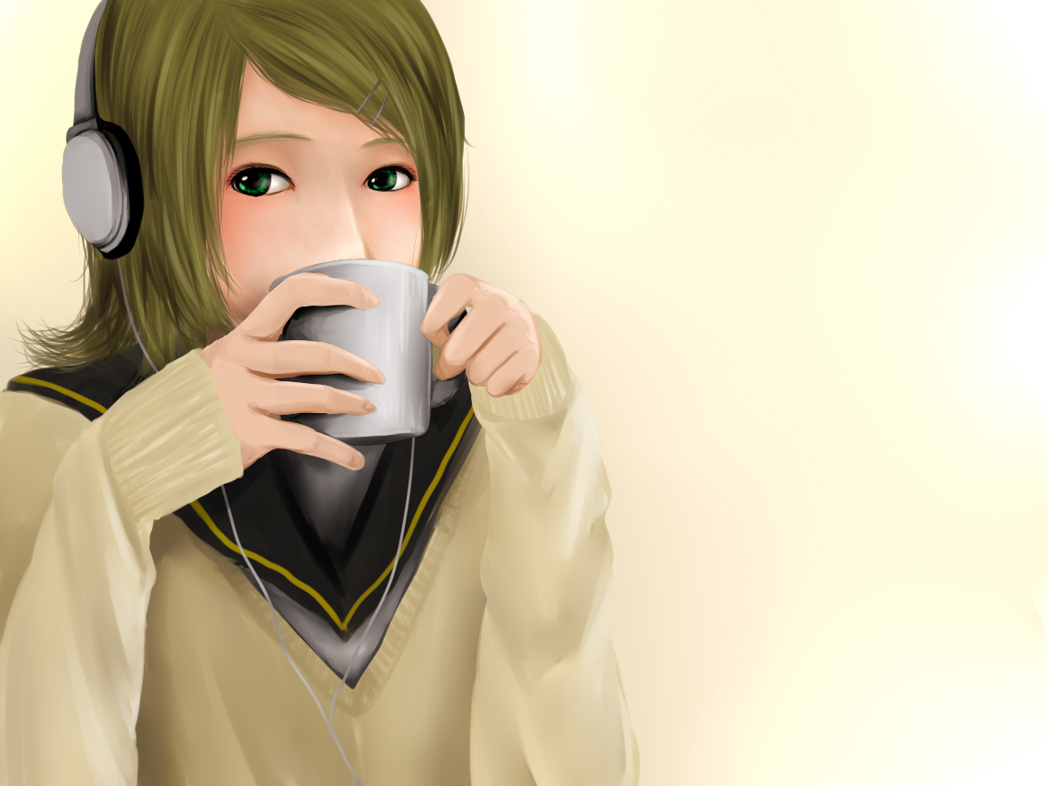klemme, kagamine rin, vocaloid, bad id, bad pixiv id, blonde hair, cup, green eyes, headphones, short hair, solo