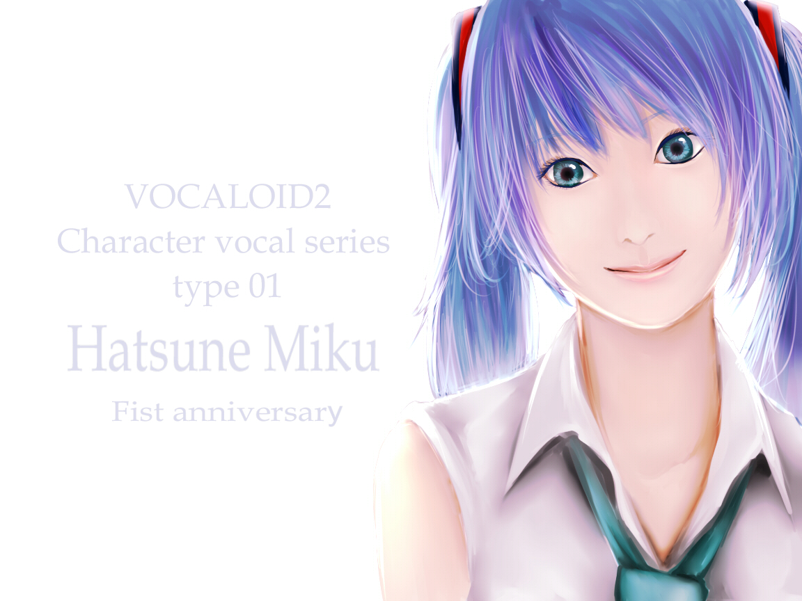 klemme, hatsune miku, vocaloid, bad id, bad pixiv id, aqua hair, blue eyes, blue hair, english text, engrish text, ranguage, realistic, smile, solo, twintails