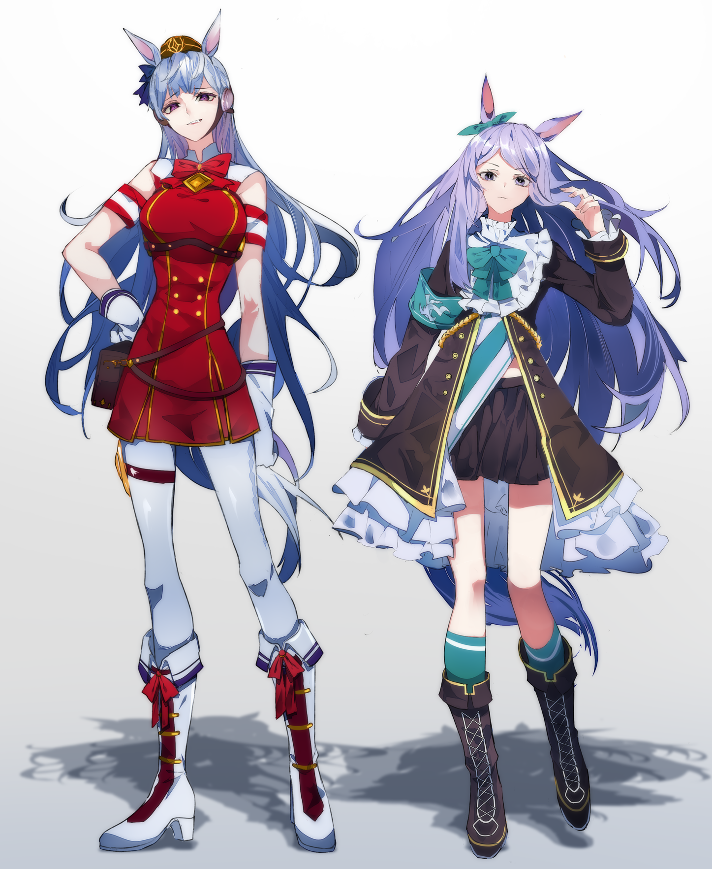 ikurauni, gold ship (red strife) (umamusume), gold ship (umamusume), mejiro mcqueen (frontline elegance) (umamusume), mejiro mcqueen (umamusume), umamusume, commentary, highres, 2girls, animal ears, armband, belt pouch, black boots, black coat, black skirt, boots, bow, bowtie, breasts, brown hat, buttons, closed mouth, coat, dress, ear bow, full body, gloves, green armband, green bow, green bowtie, green skirt, green socks, grey hair, grin, hand in own hair, hat, high heels, horse ears, horse girl, horse tail, kneehighs, lace-up boots, large breasts, leggings, long hair, long sleeves, looking at viewer, multiple girls, pillbox hat, pleated skirt, pouch, purple eyes, purple hair, red bow, red bowtie, red dress, shadow, shirt, simple background, skirt, sleeveless, sleeveless dress, smile, socks, standing, striped clothes, striped shirt, tail, very long hair, white background, white boots, white gloves, white leggings, white shirt