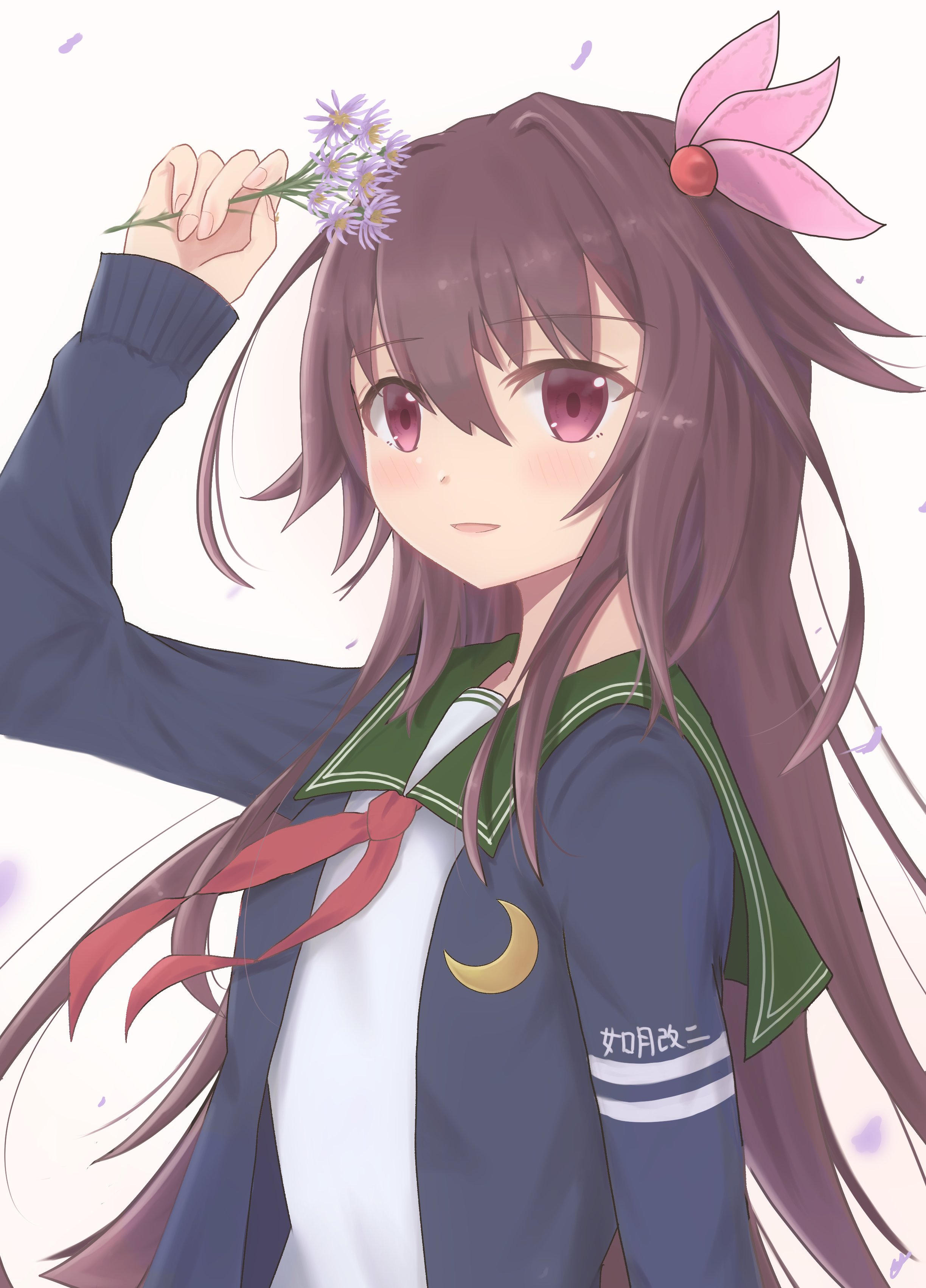 natsumoto itsuki, kisaragi (kancolle), kisaragi kai ni (kancolle), kantai collection, absurdres, commentary request, highres, 1girl, blue jacket, brown hair, crescent, crescent pin, flower, hair ornament, jacket, long hair, neckerchief, purple eyes, red neckerchief, sailor collar, sailor shirt, school uniform, serafuku, shirt, simple background, solo, white background, white shirt