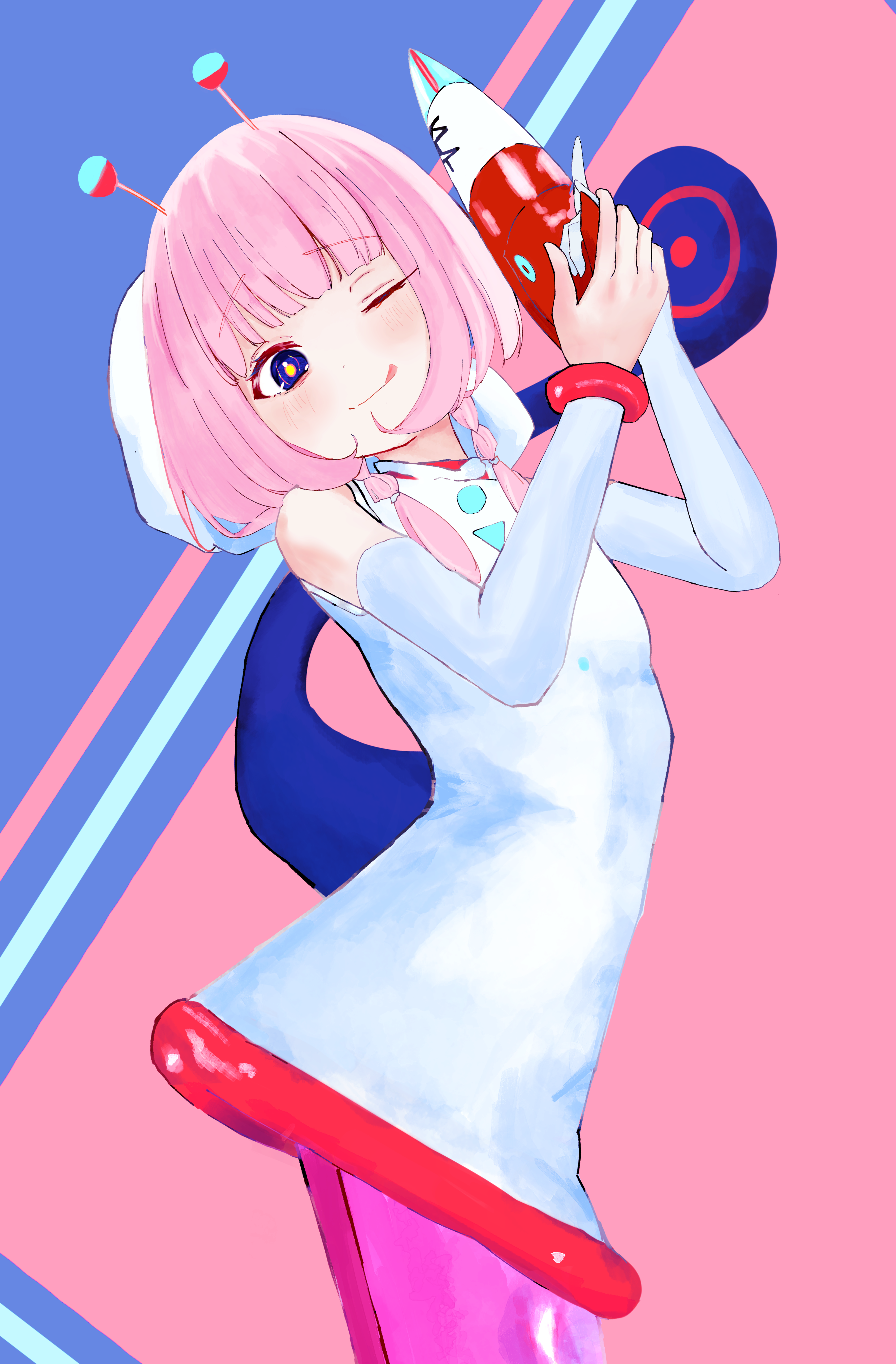 kaf (kamitsubaki studio), kamitsubaki studio, absurdres, commentary request, highres, 1girl, ;q, antennae, blue background, blue eyes, blush, braid, closed mouth, cowboy shot, dress, energy gun, gun, hands up, holding, holding gun, holding weapon, long hair, looking at viewer, minamo chibame, one eye closed, pantyhose, pink background, pink hair, pink pantyhose, ray gun, short dress, sleeveless, sleeveless dress, smile, solo, tongue, tongue out, twin braids, virtual youtuber, weapon, white dress, yellow pupils