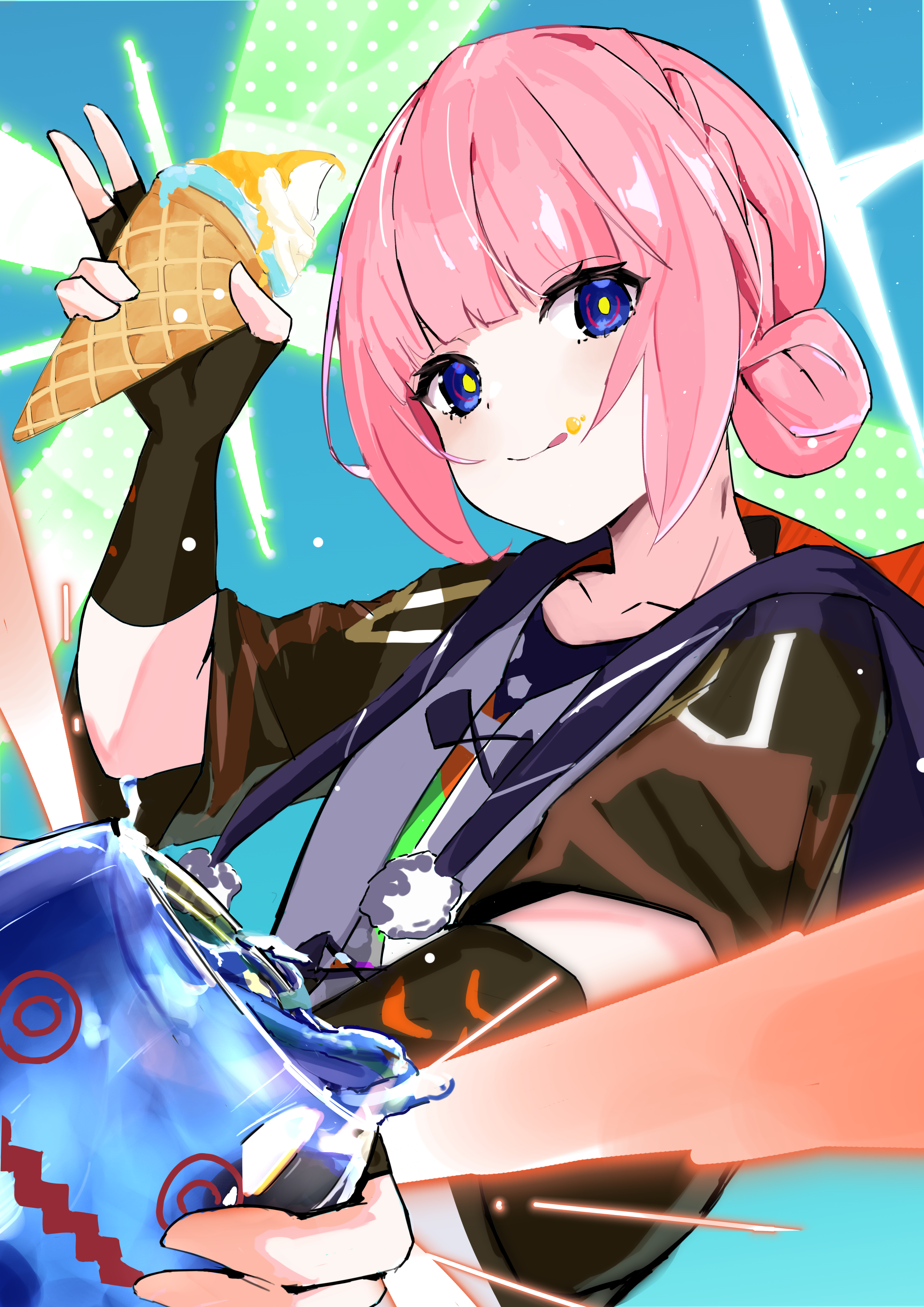 kaf (kamitsubaki studio), kamitsubaki studio, absurdres, commentary request, highres, 1girl, :q, black gloves, blue eyes, blue jacket, brown jacket, double bun, fingerless gloves, food, food on face, gloves, hair bun, holding, holding food, holding ice cream, holding ice cream cone, hood, hood down, hooded jacket, ice cream, ice cream cone, jacket, looking at viewer, minamo chibame, multicolored jacket, open clothes, open jacket, pink hair, pom pom (clothes), short hair, solo, tongue, tongue out, virtual youtuber, yellow pupils