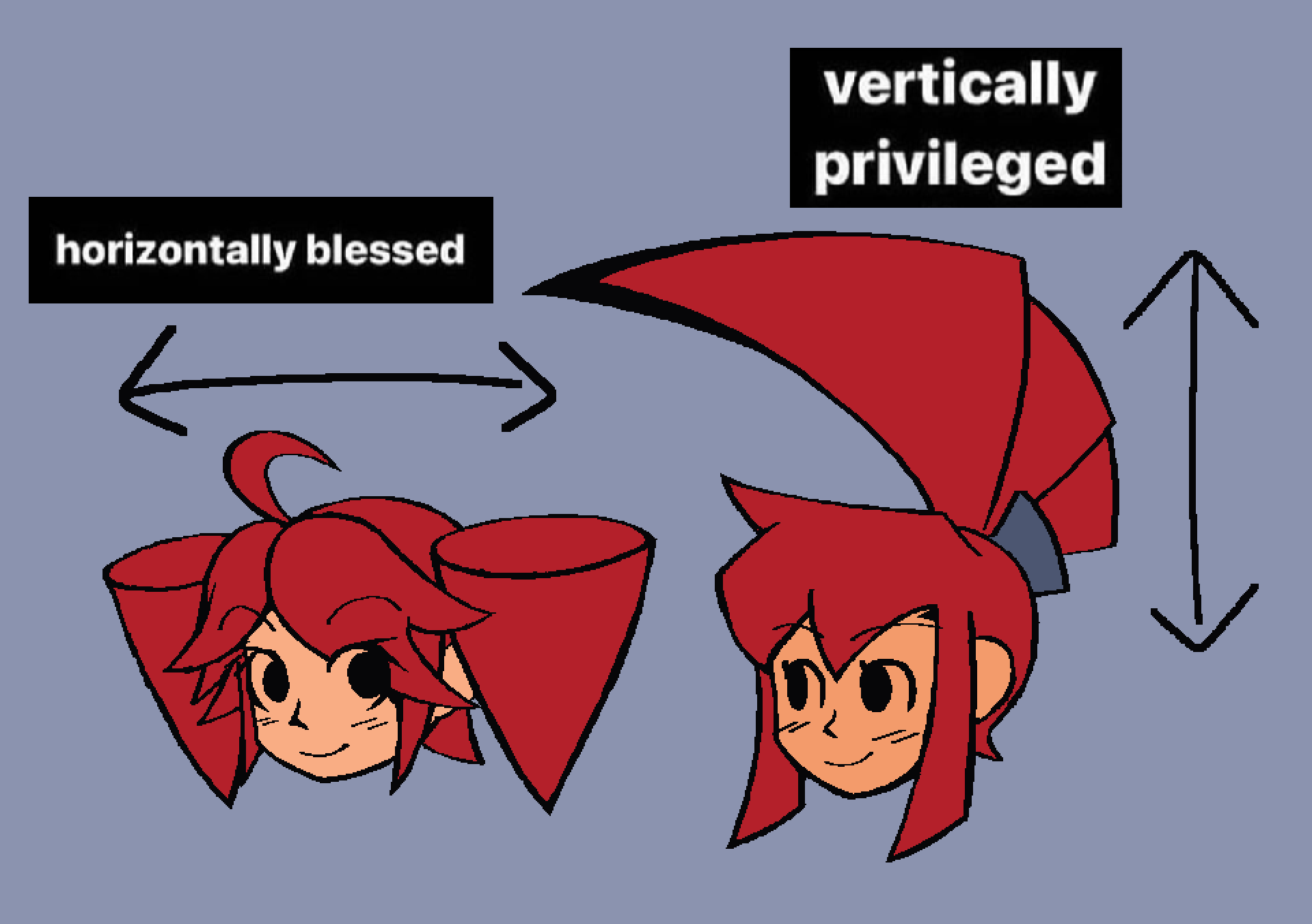kasane teto, lynne (ghost trick), ghost trick, utau, commentary, english commentary, highres, 2girls, ahoge, arrow (symbol), drill hair, english text, impossible hair, looking at viewer, meme, momaniasfc, multiple girls, red hair, twin drills