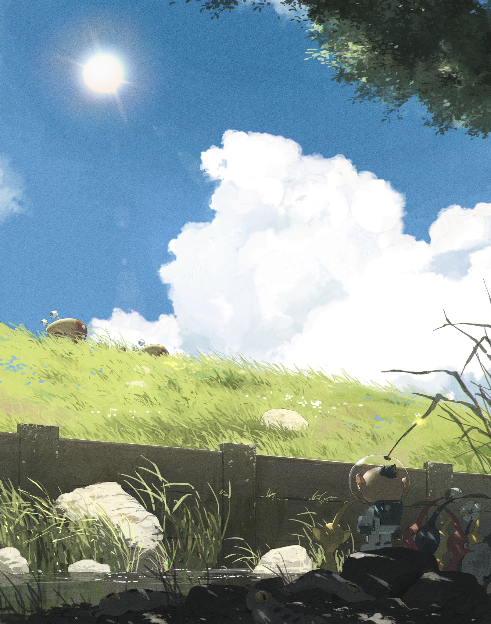 kusamie, alph (pikmin), blue pikmin, bulborb, red pikmin, yellow pikmin, nintendo, pikmin (series), pikmin 3, highres, 1boy, blue sky, cloud, cumulonimbus cloud, dappled sunlight, day, grass, helmet, lens flare, outdoors, puckering blinnow, radio antenna, rock, scenery, sky, space helmet, spacesuit, standing, sun, sunlight, water, wide shot
