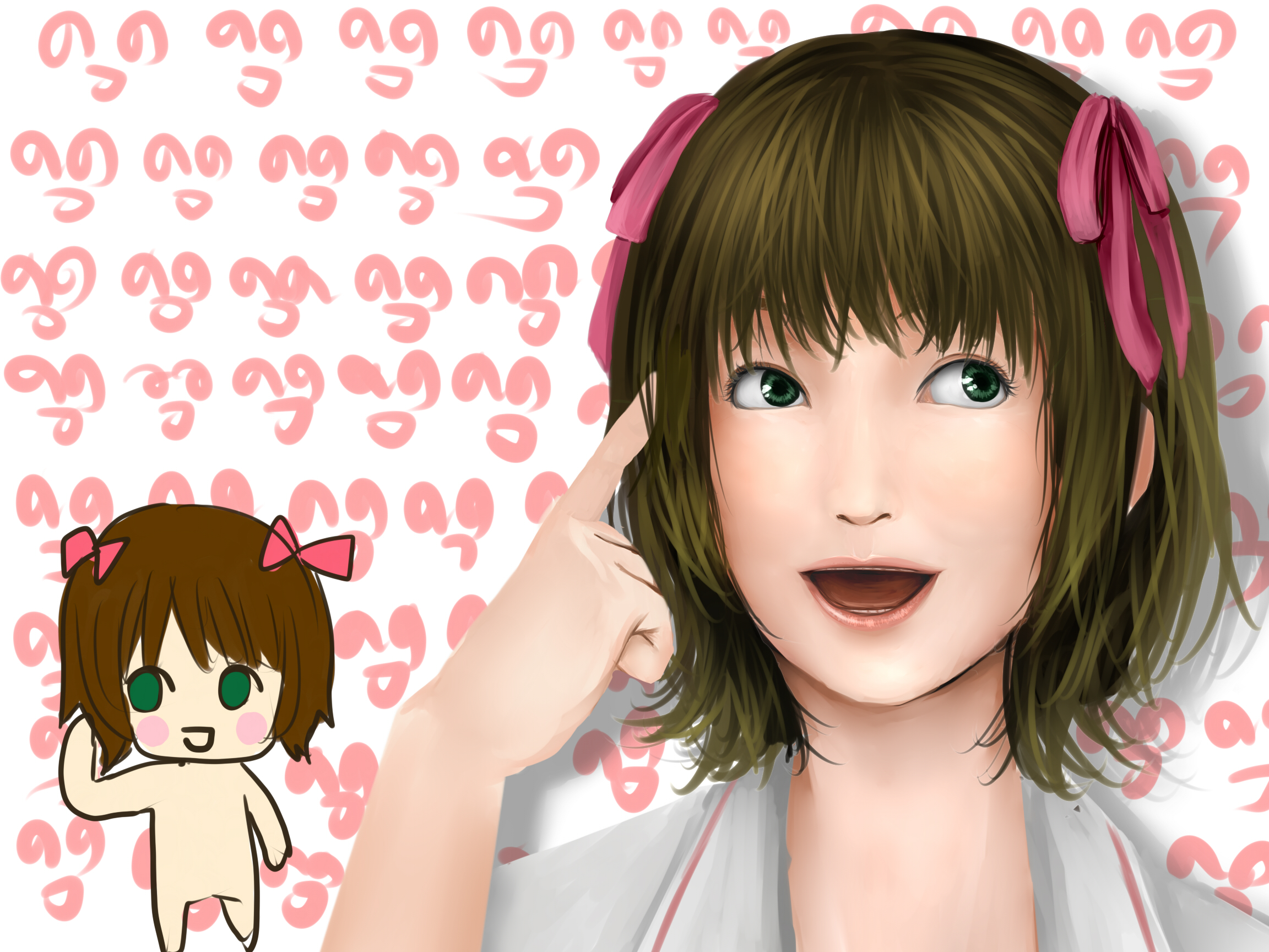 klemme, amami haruka, nonowa, idolmaster, idolmaster (classic), idolmaster 1, bad id, bad pixiv id, highres, 00s, 1girl, brown hair, female focus, green eyes, hair ribbon, open mouth, realistic, ribbon, short hair, solo