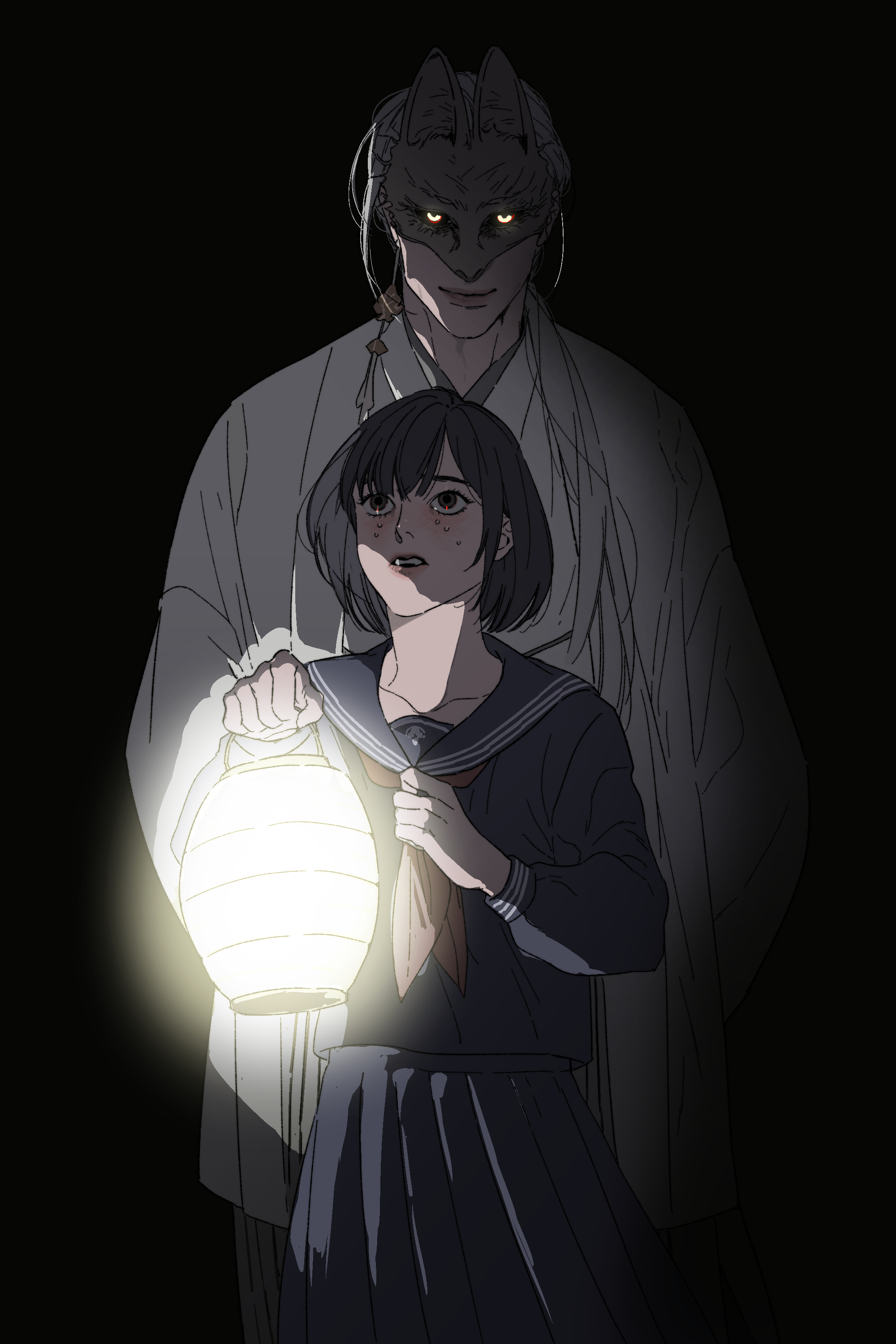 pinkteest, fox mask (silent hill), shimizu hinako, silent hill (series), silent hill f, absurdres, highres, 1boy, 1girl, black background, black hair, black sailor collar, black sclera, black serafuku, black shirt, black skirt, colored sclera, earrings, fox mask, glowing, glowing eyes, hand on own chest, holding, holding lantern, japanese clothes, jewelry, lantern, mask, necktie, open mouth, red necktie, robe, sailor collar, school uniform, serafuku, shirt, single earring, skirt, sweat, tassel, tassel earrings, white hair, white robe, yellow eyes