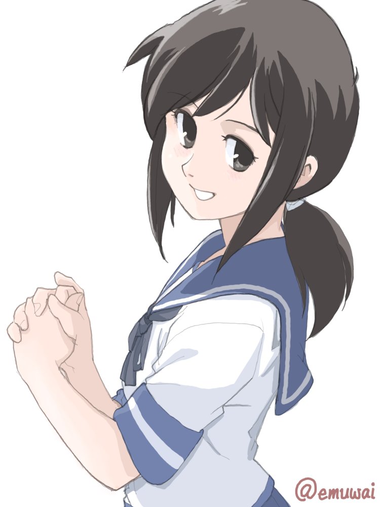 emuwai, fubuki (kancolle), kantai collection, 1girl, black hair, blue neckerchief, blue sailor collar, grin, looking at viewer, low ponytail, neckerchief, one-hour drawing challenge, ponytail, sailor collar, sailor shirt, school uniform, serafuku, shirt, short sleeves, sidelocks, simple background, smile, solo, twitter username, white background, white shirt