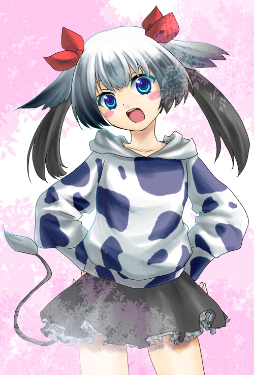 geroro, bad id, bad pixiv id, 1girl, animal print, aqua eyes, blue eyes, cow print, female focus, hood, hoodie, open mouth, solo, tail, twintails