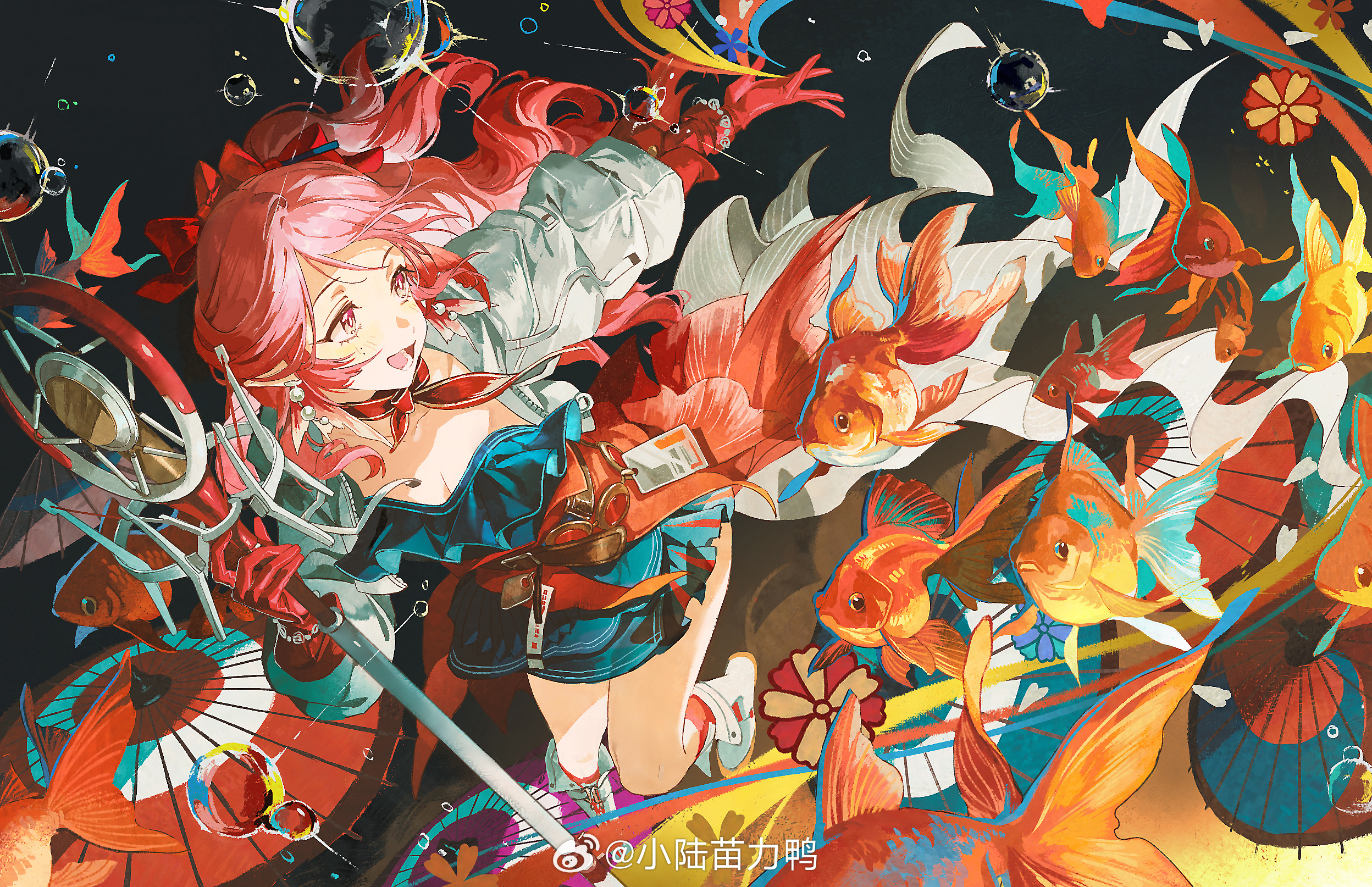 xiaolumiaoliya, haruka (arknights), arknights, highres, 1girl, belt, blue dress, bow, bracelet, breasts, bubble, cleavage, dress, earrings, fish, glint, gloves, goldfish, hair bow, holding, holding staff, jacket, jewelry, long hair, mole, mole on cheek, pearl bracelet, pearl earrings, pointy ears, red bow, red gloves, solo, staff, very long hair, watermark, weibo watermark