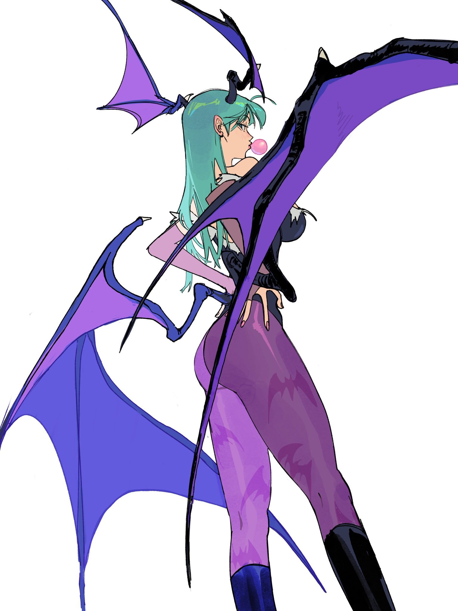 edpan, morrigan aensland, darkstalkers, commentary, english commentary, highres, 1girl, animal print, aqua hair, ass, bat print, bat wings, black leotard, breasts, chewing gum, fur-trimmed leotard, fur trim, head wings, leotard, long hair, looking at viewer, looking back, low wings, pantyhose, print pantyhose, purple pantyhose, simple background, solo, white background, wings