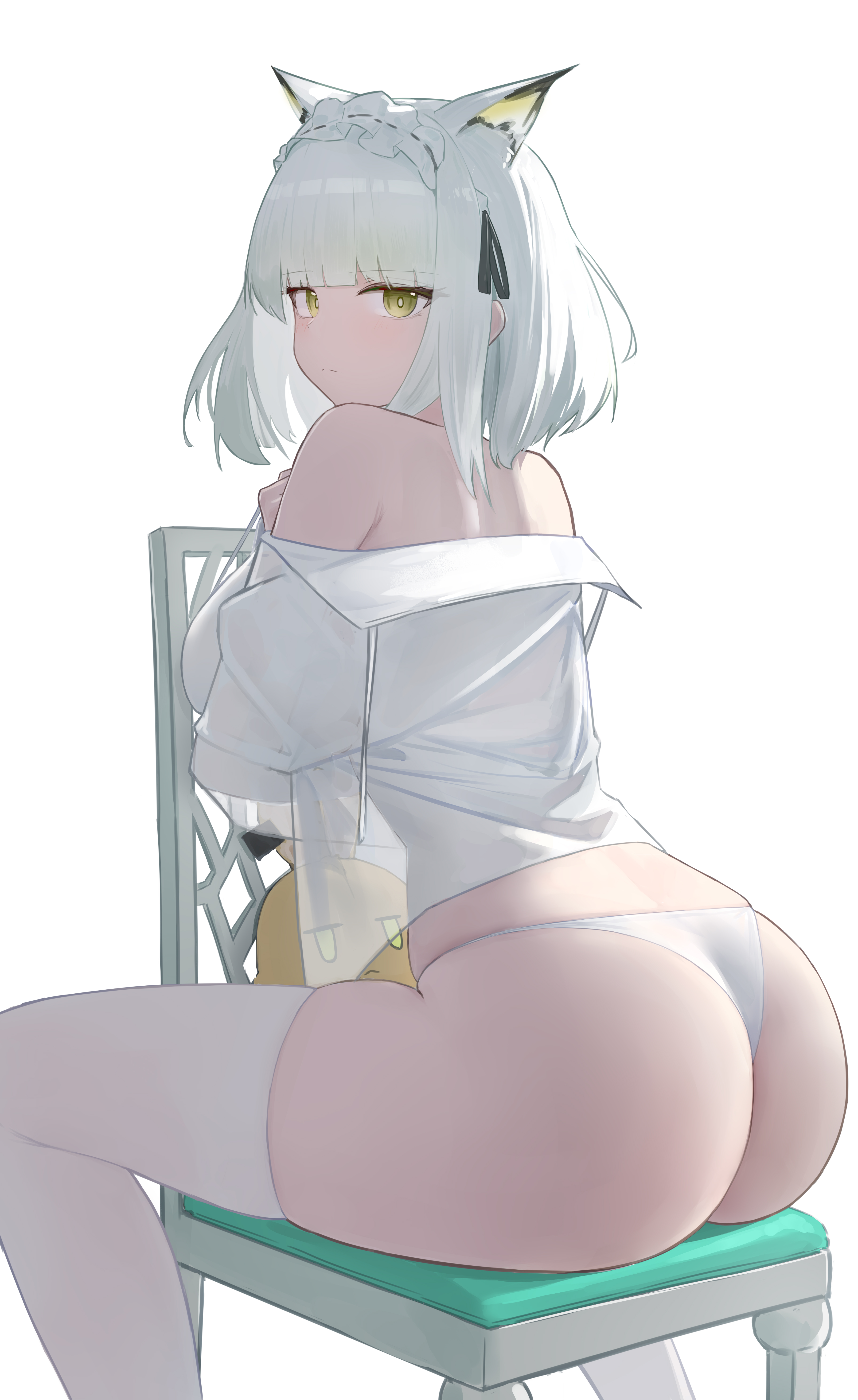 ciexbiet, kal'tsit (arknights), arknights, absurdres, chinese commentary, commentary request, highres, 1girl, alternate costume, animal, animal ear fluff, animal ears, ass, bare shoulders, cat ears, cat girl, chair, closed mouth, extra ears, feet out of frame, frilled hairband, frills, from behind, green eyes, hairband, looking at viewer, maid headdress, medium hair, off shoulder, on chair, panties, shirt, sidelocks, simple background, solo, straight hair, thighhighs, thighs, underwear, white background, white hair, white hairband, white panties, white shirt, white thighhighs, wide hips