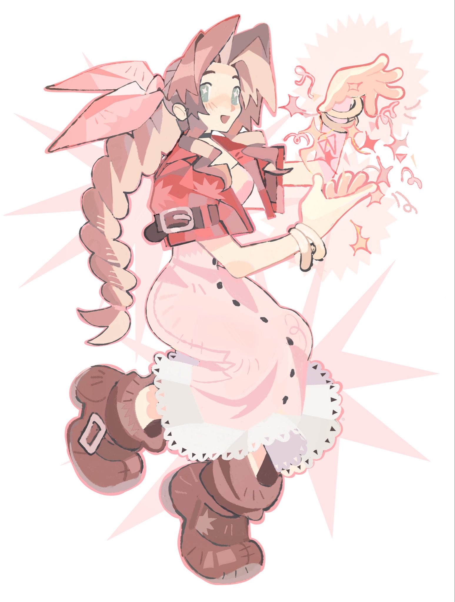 jaysoysaucee, aerith gainsborough, final fantasy, final fantasy vii, highres, 1girl, bangle, black choker, boots, bracelet, braid, braided ponytail, breasts, brown boots, buttons, choker, cropped jacket, dress, full body, green eyes, hair ribbon, jacket, jewelry, light blush, long dress, medium breasts, open mouth, parted bangs, pink dress, pink ribbon, red jacket, ribbon, sidelocks, single braid, smile, solo, white background