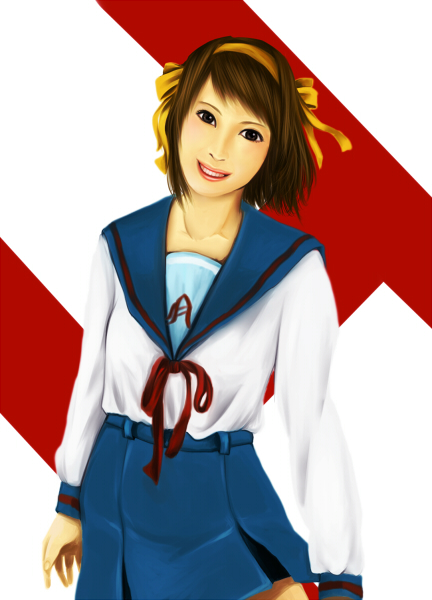 klemme, suzumiya haruhi, suzumiya haruhi no yuuutsu, bad id, bad pixiv id, 00s, blouse, brown hair, h (letter), hairband, realistic, school uniform, serafuku, shirt, short hair, skirt, smile, solo, white shirt