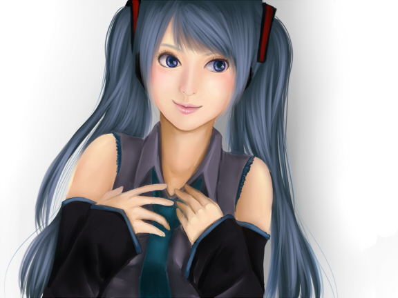 klemme, hatsune miku, vocaloid, bad id, bad pixiv id, blue eyes, blue hair, detached sleeves, necktie, realistic, solo, twintails