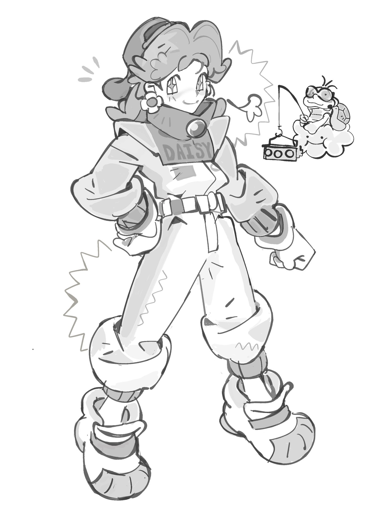 jaysoysaucee, princess daisy, princess daisy (pro racer), mario (series), nintendo, highres, backwards hat, baseball cap, boots, character name, clenched hand, earrings, flower earrings, full body, gloves, greyscale, hand on own hip, hat, jewelry, jumpsuit, light blush, long hair, monochrome, smile, sparkling eyes, standing, white background, white gloves