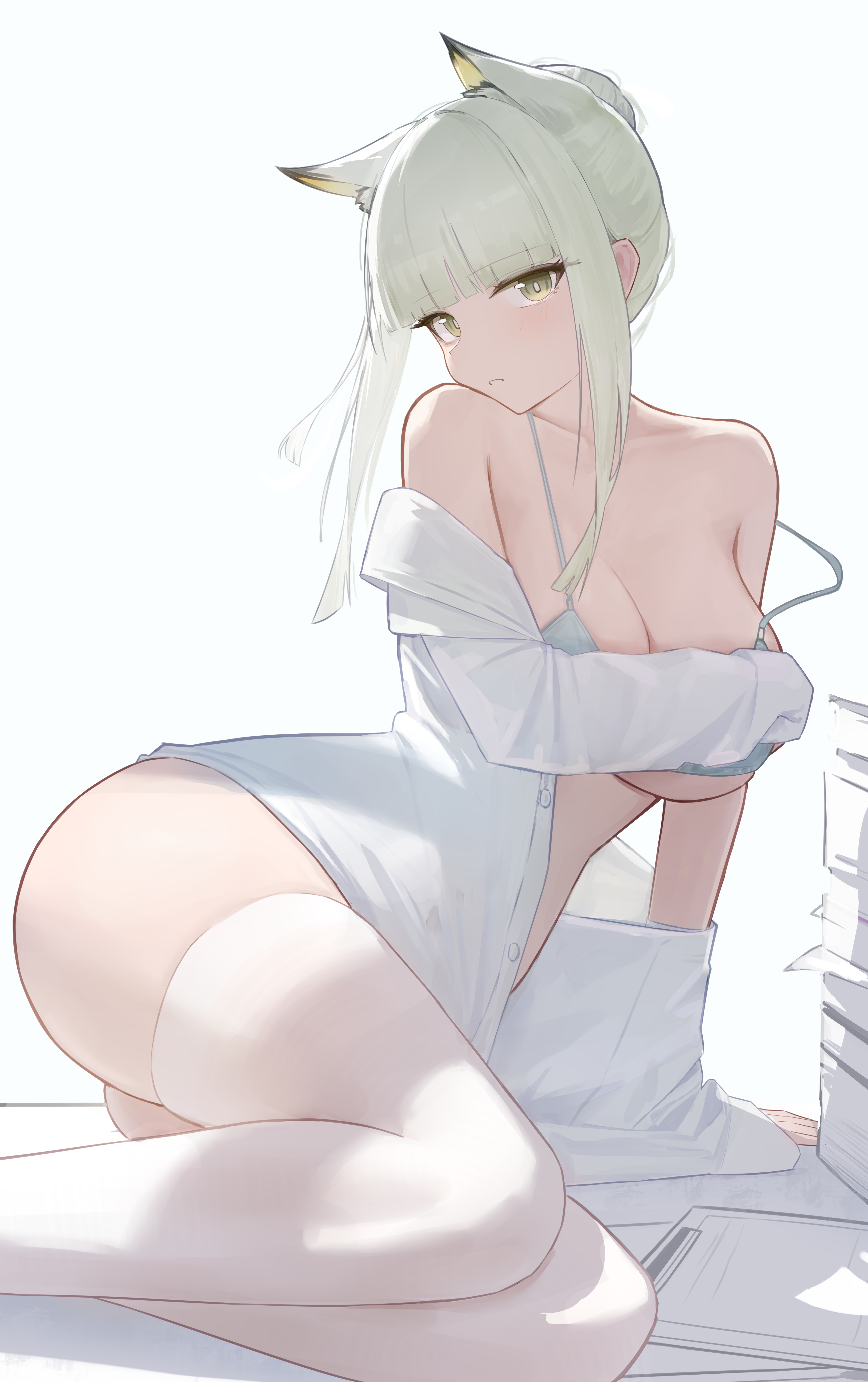 ciexbiet, kal'tsit (arknights), arknights, absurdres, chinese commentary, commentary request, highres, 1girl, alternate costume, animal, animal ear fluff, animal ears, bare shoulders, bikini, breasts, cat ears, cat girl, cleavage, collarbone, extra ears, feet out of frame, green eyes, green hair, large breasts, long hair, long sidelocks, looking at viewer, micro bikini, off shoulder, open clothes, open shirt, parted lips, shirt, sidelocks, simple background, solo, straight hair, string bikini, swimsuit, thighhighs, thighs, white background, white bikini, white shirt, white thighhighs, wide hips
