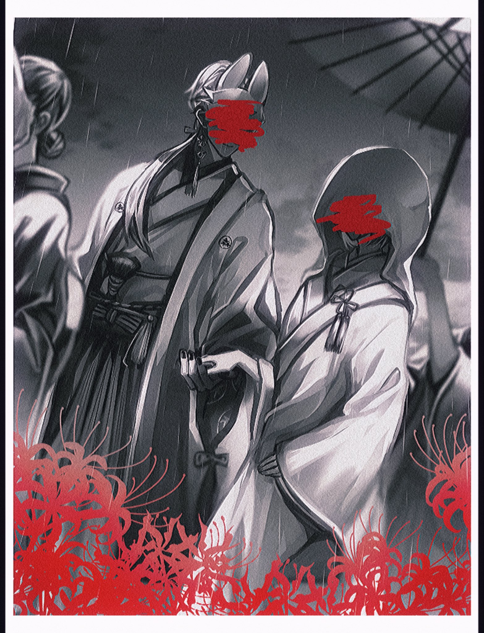 anaki, fox mask (silent hill), shimizu hinako, silent hill (series), silent hill f, highres, black nails, border, bride, couple, flower, flower knot, fox mask, groom, hair over shoulder, hetero, holding hands, husband and wife, japanese clothes, kimono, long hair, low ponytail, mask, monochrome, nail polish, oil-paper umbrella, ponytail, rain, red flower, robe, short hair, spider lily, uchikake, umbrella, white border, white hair, white hood, white robe, wide sleeves