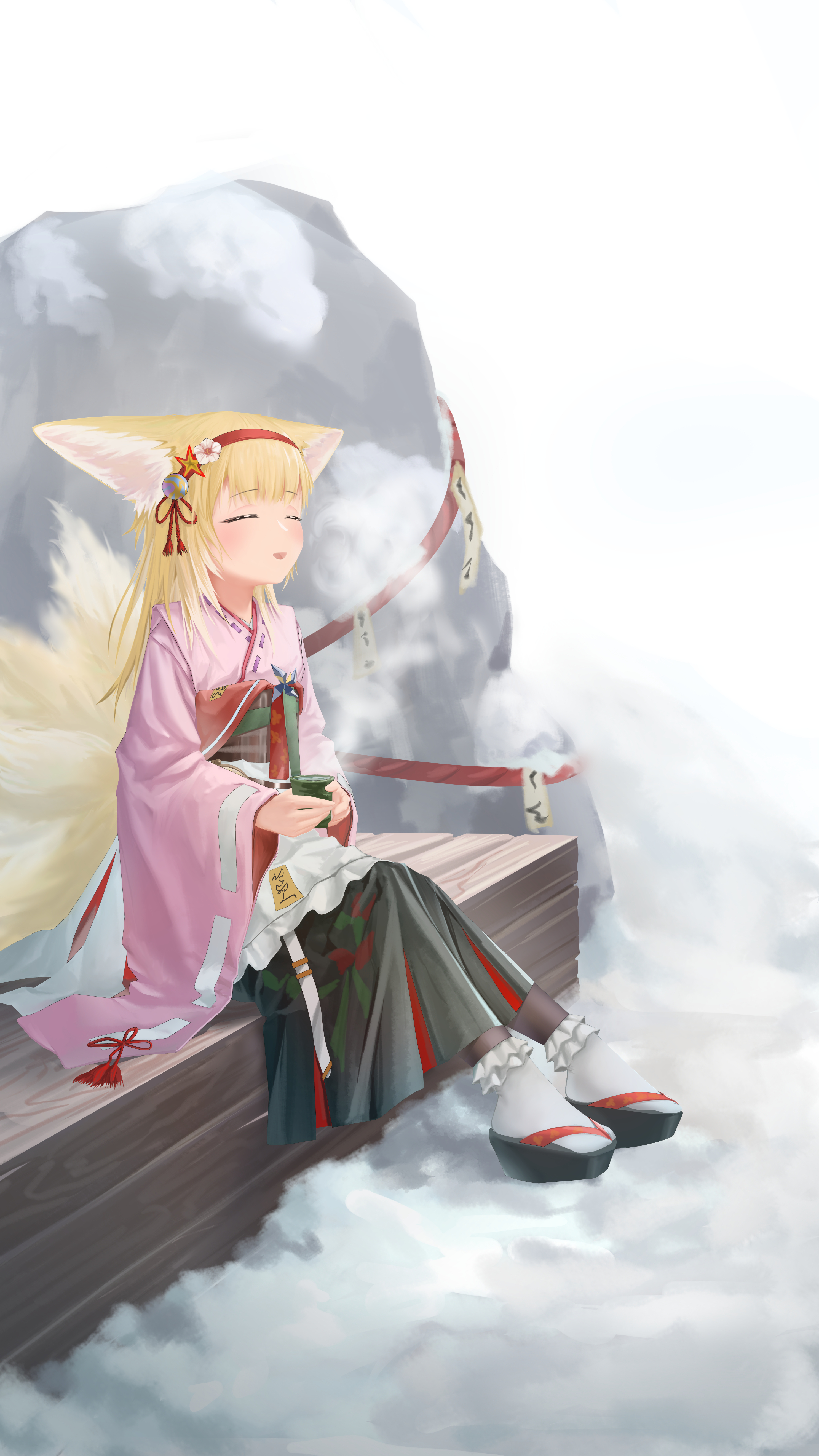 suzuran (arknights), suzuran (yukibare) (arknights), arknights, absurdres, chinese commentary, commentary request, highres, 1girl, animal ears, apron, black hakama, blonde hair, bobby socks, closed eyes, cup, flower, fox ears, fox girl, fox tail, frilled apron, frills, hair flower, hair ornament, hairband, hakama, hakama skirt, holding, holding cup, japanese clothes, kimono, kitsune, kyuubi, long hair, long sleeves, multiple tails, obi, official alternate costume, okobo, open mouth, pink kimono, pinwheel, platform sandals, red hairband, sandals, sash, sitting, skirt, snow, socks, solo, tabi, tail, tan hua yixian, waist apron, white apron, white socks, wide sleeves, yunomi