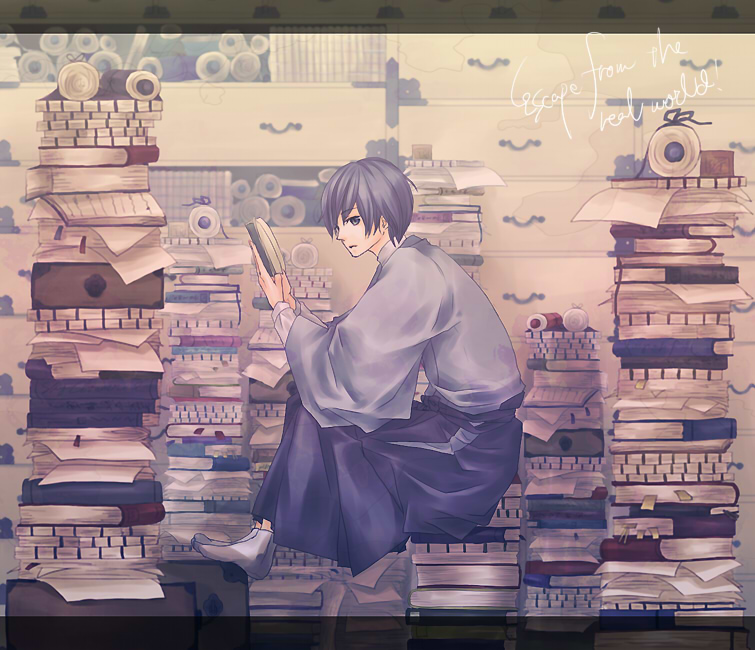 tonoshiro, kaito (vocaloid), vocaloid, bad id, bad pixiv id, 1boy, blue hair, book, book stack, english text, japanese clothes, letterboxed, male focus, open book, reading, scroll, short hair, sitting, socks, solo