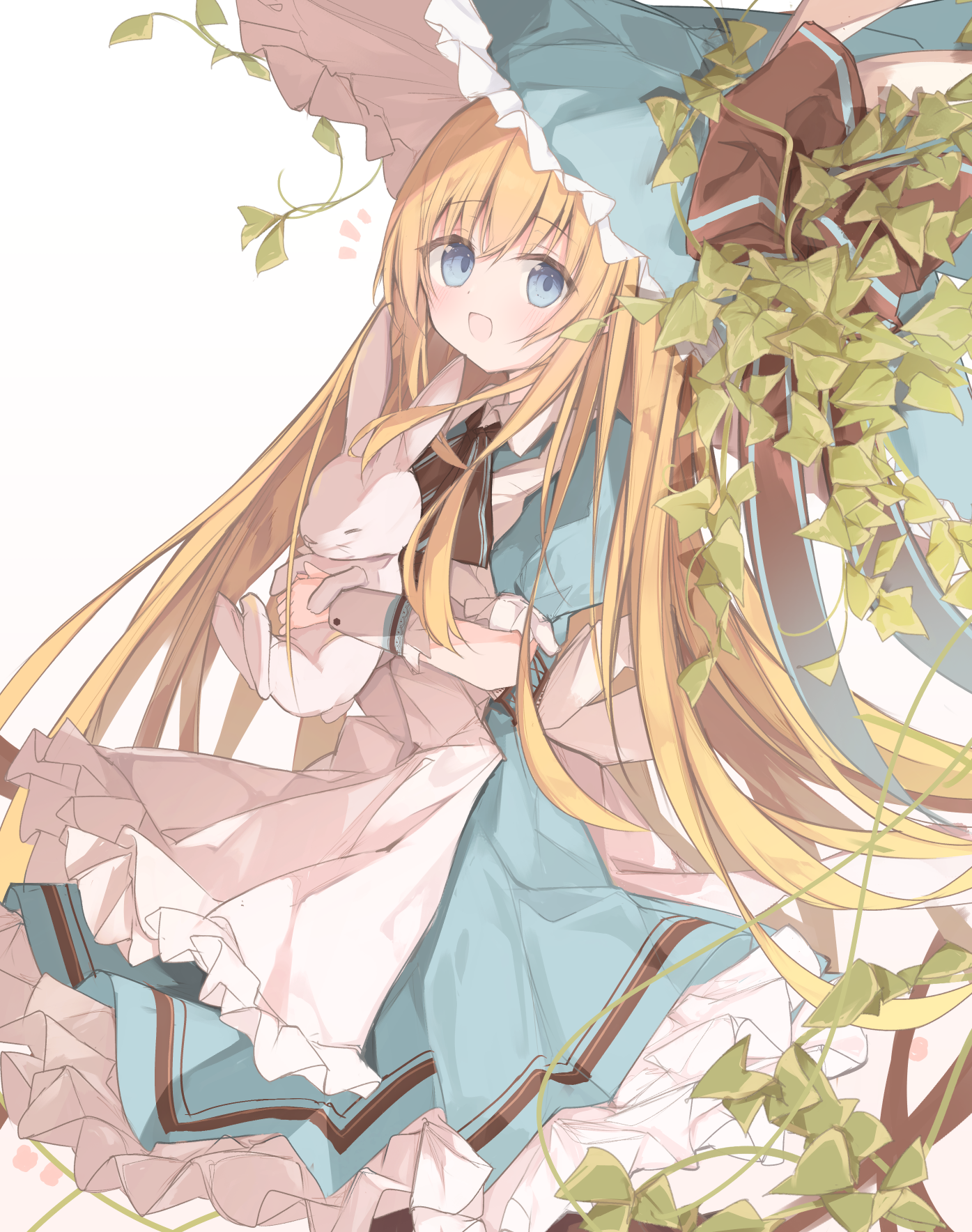 kushida you, original, commentary request, highres, 1girl, :d, animal, apron, blonde hair, blue dress, blue eyes, blue hat, bow, brown bow, collared dress, dress, frilled apron, frilled dress, frilled hat, frills, hair between eyes, hat, hat bow, holding, holding animal, long hair, looking at viewer, notice lines, open mouth, plant, puffy short sleeves, puffy sleeves, rabbit, short sleeves, smile, solo, very long hair, white apron, white background, witch hat, wrist cuffs