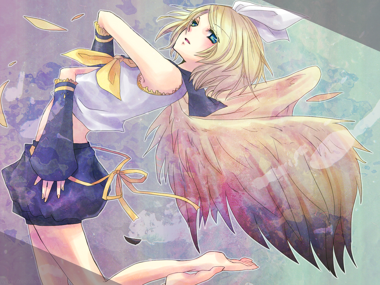 tonoshiro, kagamine rin, vocaloid, bad id, bad pixiv id, highres, barefoot, blonde hair, blue eyes, feathers, short hair, solo, wings
