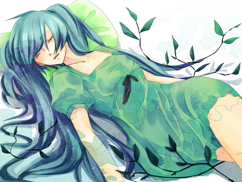 tonoshiro, hatsune miku, vocaloid, bad id, bad pixiv id, aqua hair, closed eyes, dress, leaf, sleeping, twintails