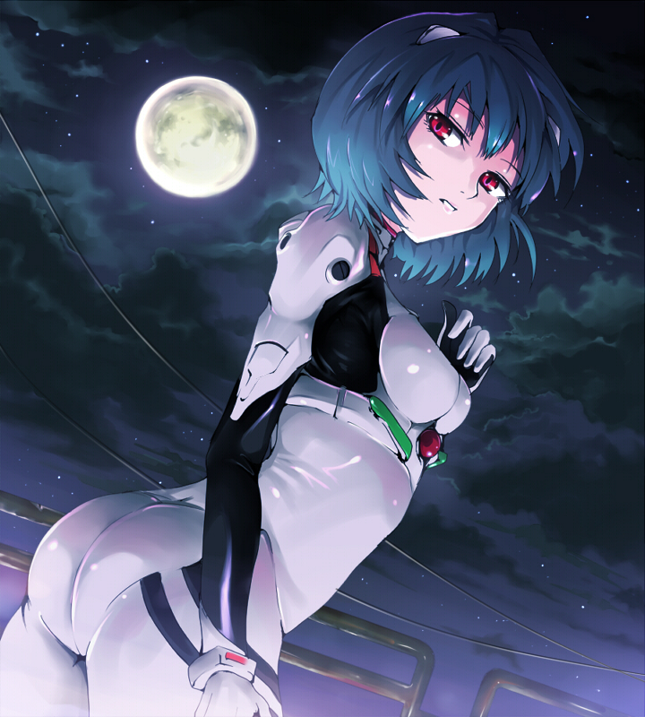 kasai shin, ayanami rei, neon genesis evangelion, 1girl, ass, blue hair, cloud, dutch angle, female focus, full moon, looking back, mecha pilot suit, moon, night, plugsuit (evangelion), red eyes, short hair, sky, solo
