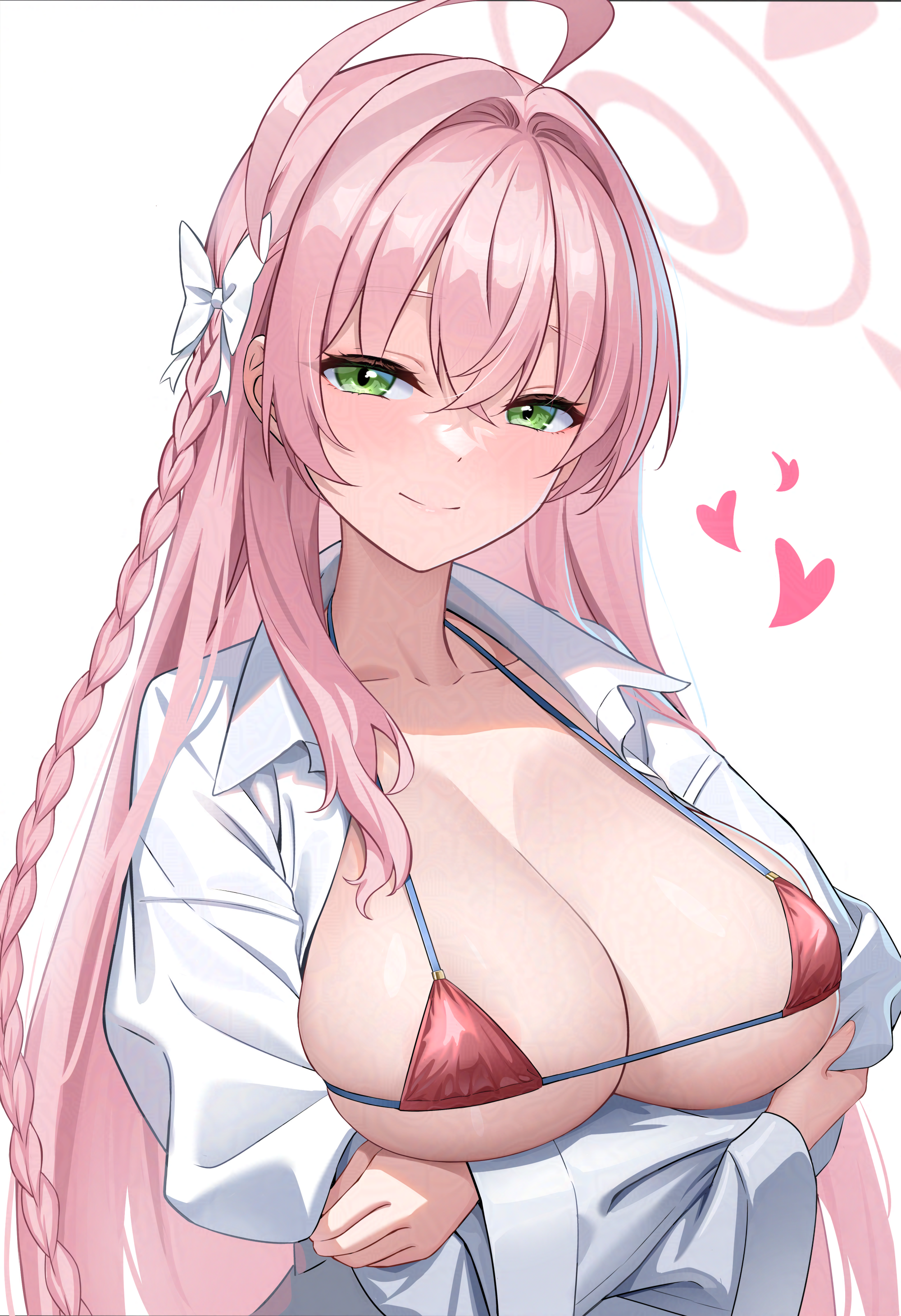 sion (9117), hanako (blue archive), hanako (swimsuit) (blue archive), blue archive, absurdres, highres, 1girl, arms under breasts, bikini, blush, bow, braid, breasts, closed mouth, crossed arms, crossed bangs, green eyes, hair between eyes, hair bow, halo, large breasts, long hair, looking at viewer, official alternate costume, pink bikini, pink hair, pink halo, shirt, sidelocks, single braid, smile, solo, swimsuit, white bow, white shirt