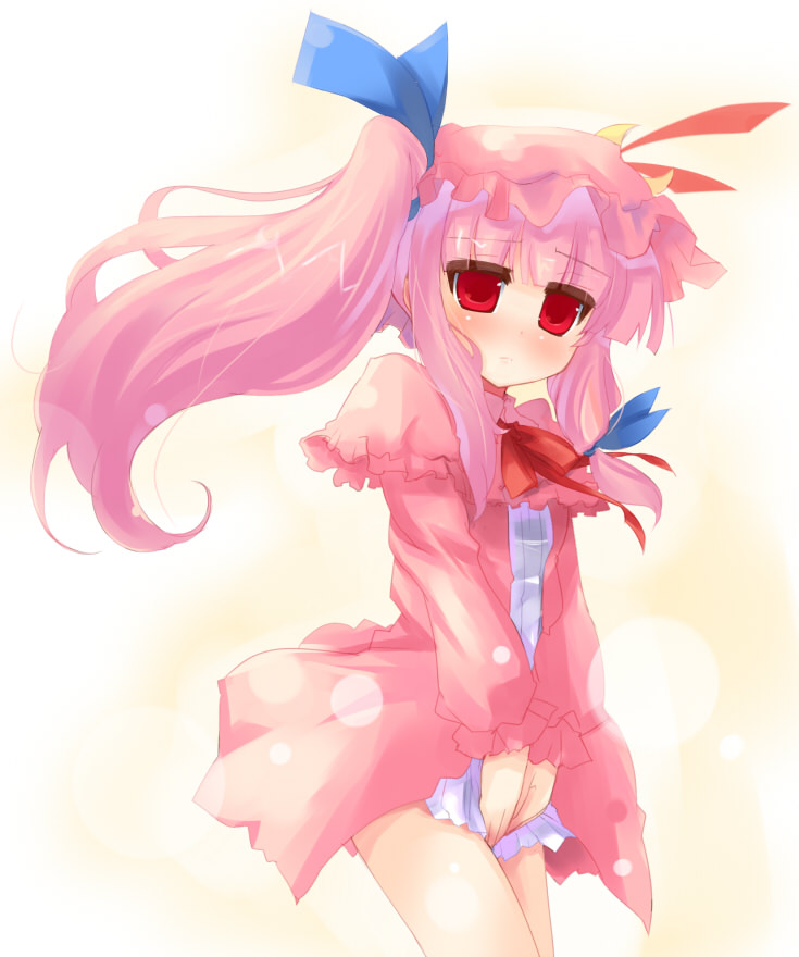shin (new), patchouli knowledge, touhou, 1girl, alternate hairstyle, blush, crescent, crescent hat ornament, female focus, gradient background, hat, hat ornament, long hair, ponytail, purple hair, ribbon, side ponytail, solo