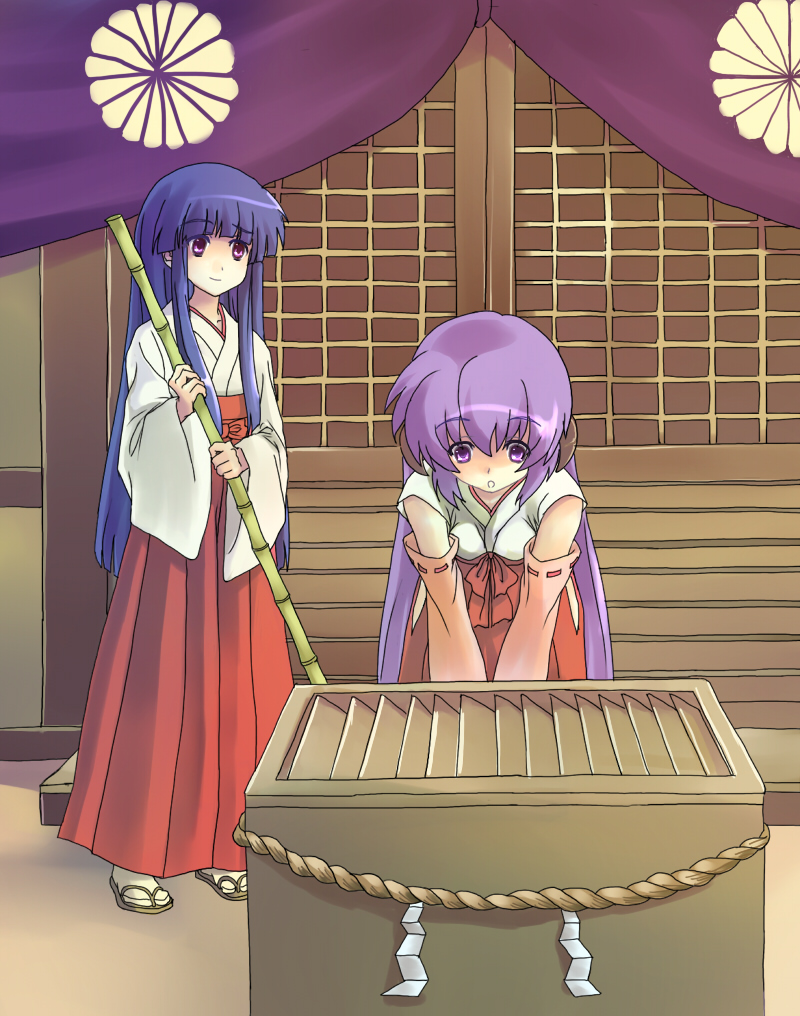 iiru, furude rika, hanyuu, higurashi no naku koro ni, bad id, bad pixiv id, 00s, 2girls, blue hair, box, broom, detached sleeves, donation box, hakama, hakama skirt, horns, japanese clothes, miko, multiple girls, purple eyes, purple hair, red hakama, sandals, shrine, skirt, tabi