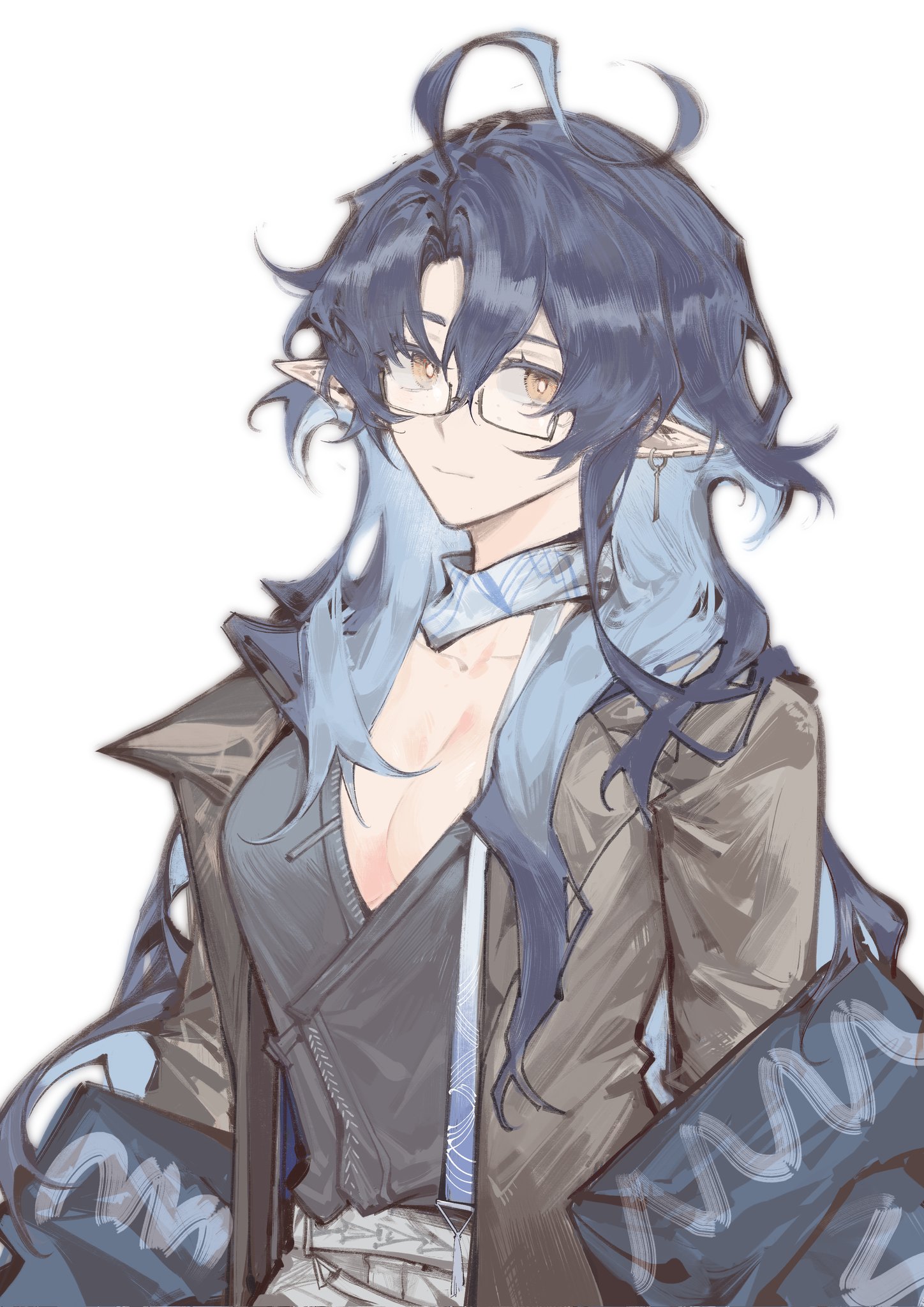 lumen (arknights), arknights, commentary, highres, symbol-only commentary, 1girl, ahoge, blue hair, breasts, brown jacket, cleavage, cleavage cutout, clothing cutout, colored inner hair, earrings, expressionless, genderswap, genderswap (mtf), glasses, grey pants, grey shirt, hair between eyes, haishen miwang de jiyi, jacket, jewelry, large breasts, long hair, looking at viewer, multicolored hair, pants, pointy ears, scarf, shirt, simple background, solo, two-tone hair, upper body, white background, yellow eyes