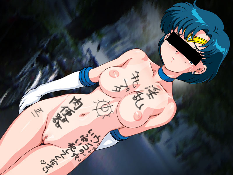 genka ichien, mizuno ami, sailor mercury, bishoujo senshi sailor moon, translated, 1990s (style), 1girl, blue hair, body writing, breasts, censored, censored identity, cleft of venus, dutch angle, elbow gloves, female focus, gloves, groin, impregnation mark, large breasts, navel, nipples, nude, pussy, retro artstyle, solo, standing, tally, tan, tanline, tears