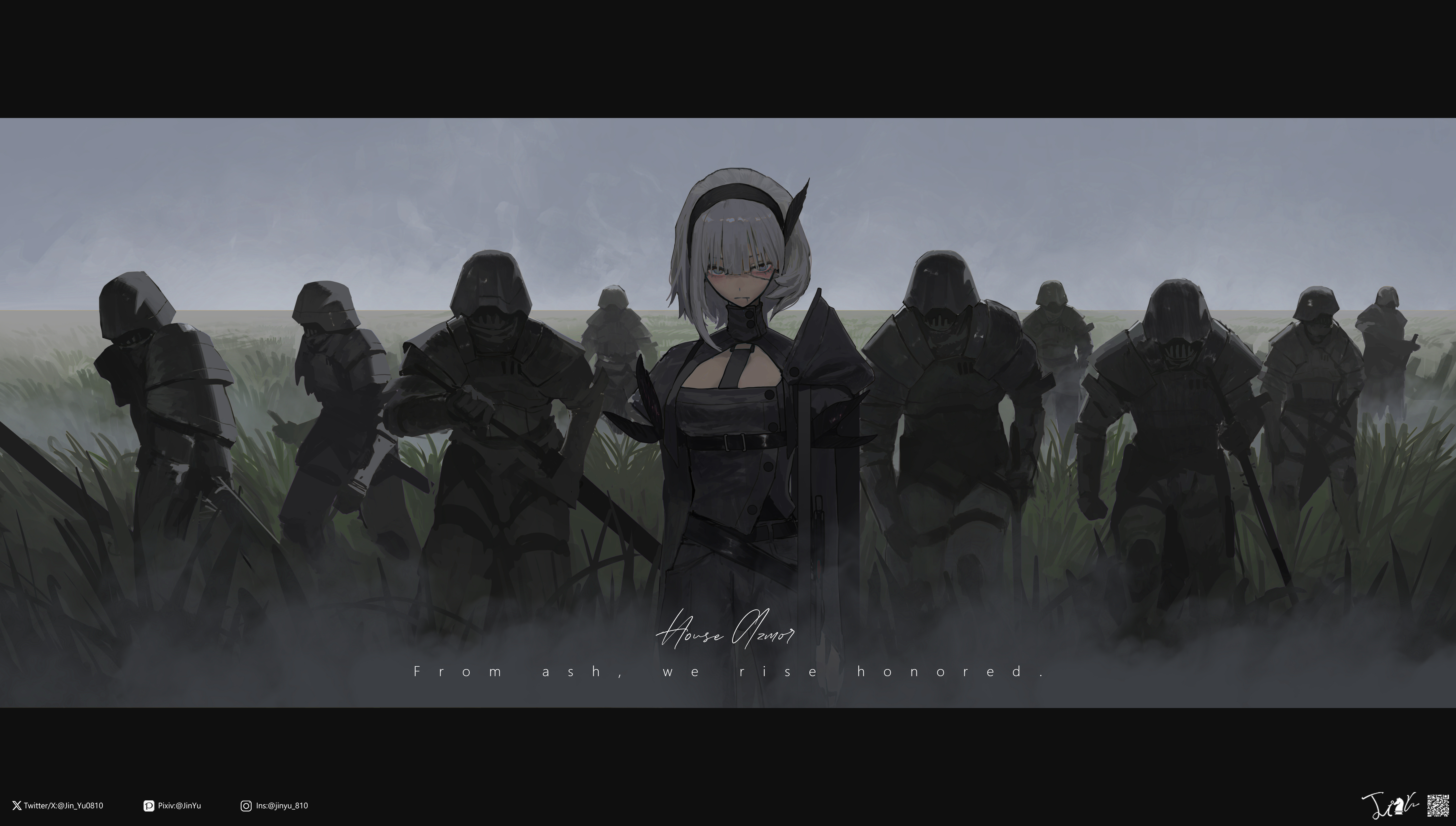 jin yu0810, original, absurdres, commentary, highres, making-of available, 1girl, 6+others, armor, black armor, black hairband, black helmet, body armor, closed mouth, cloud, cloudy sky, combat helmet, english text, field, grey hair, hair between eyes, hairband, helmet, instagram logo, instagram username, looking at viewer, medium hair, military uniform, multiple others, pixiv logo, pixiv username, sky, soldier, standing, twitter username, twitter x logo