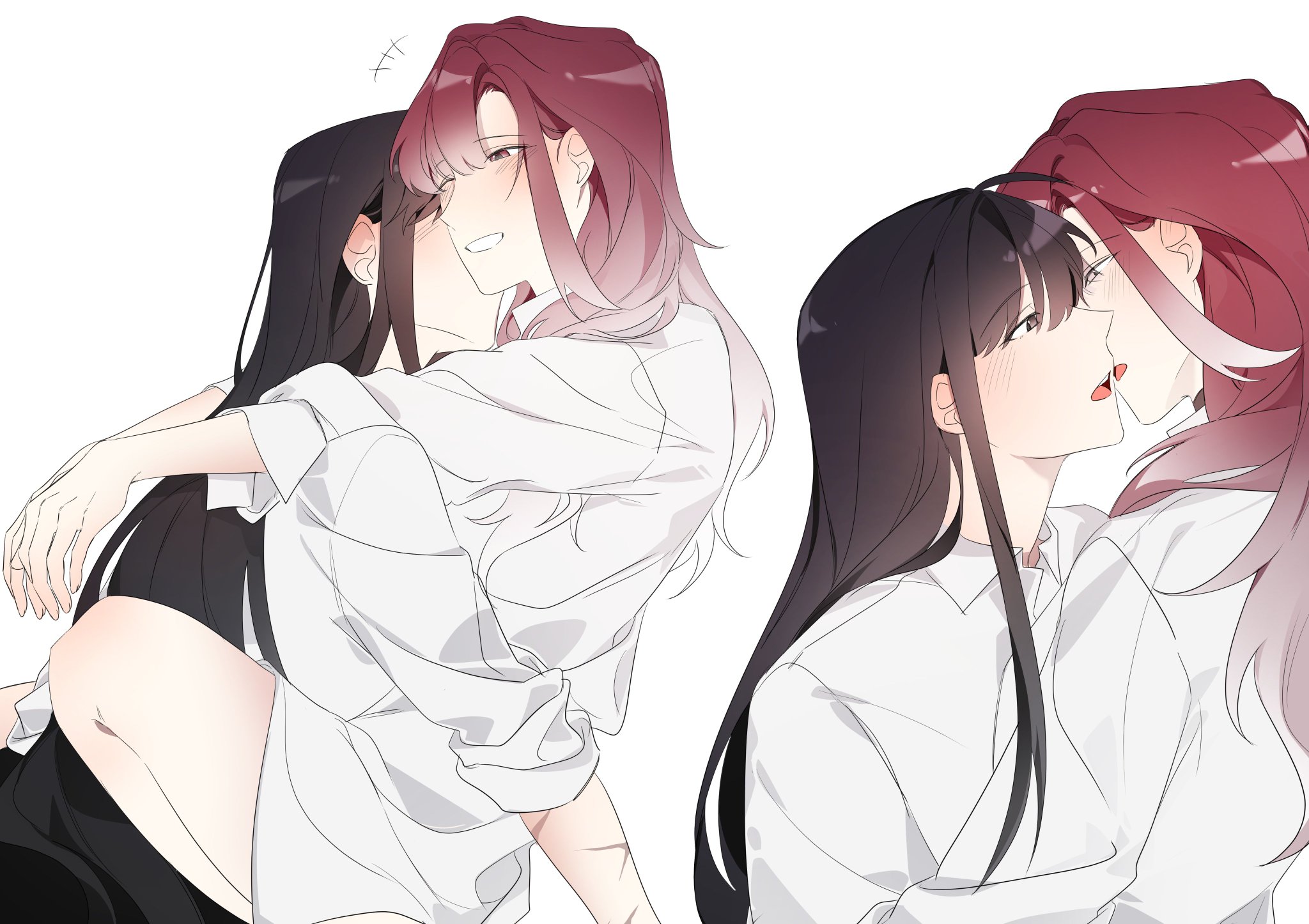 illusion moon, rahu (path to nowhere), shalom (path to nowhere), path to nowhere, commentary request, highres, korean commentary, 2girls, arms around neck, black hair, blush, collared shirt, gradient hair, grin, hug, imminent kiss, long hair, multicolored hair, multiple girls, open mouth, purple eyes, red hair, scar, scar on arm, shirt, simple background, smile, white background, white hair, white shirt, yuri