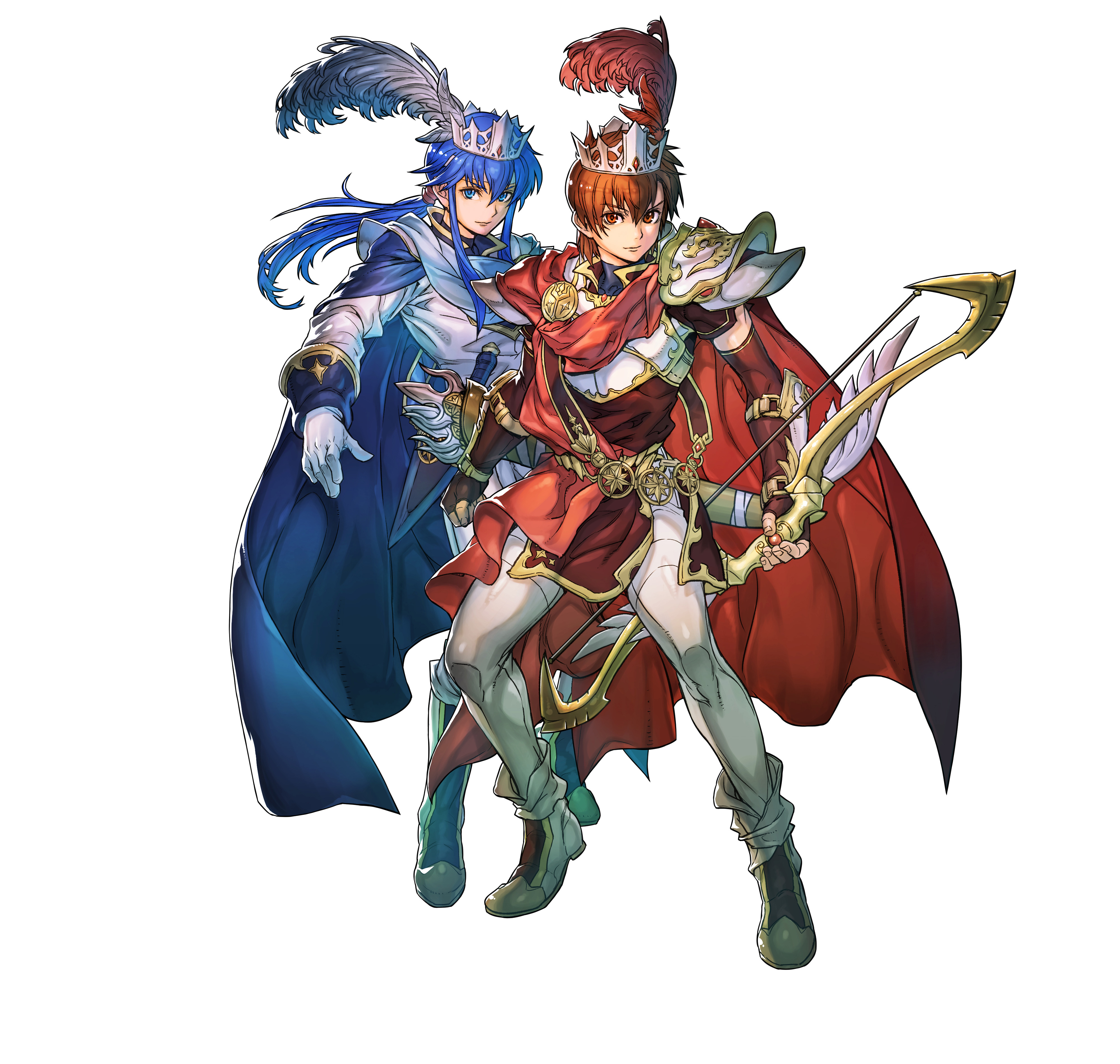 hino shinnosuke, leif (fire emblem), leif (scion) (fire emblem), seliph (fire emblem), seliph (scion) (fire emblem), fire emblem, fire emblem: genealogy of the holy war, fire emblem: thracia 776, fire emblem heroes, nintendo, absurdres, commentary, english commentary, highres, official art, second-party source, 2boys, armor, blue cape, blue eyes, blue hair, bow (weapon), breastplate, brown eyes, brown hair, cape, crown, fingerless gloves, gloves, holding, holding bow (weapon), holding weapon, long hair, male focus, multiple boys, ponytail, red cape, short hair, simple background, weapon, white background