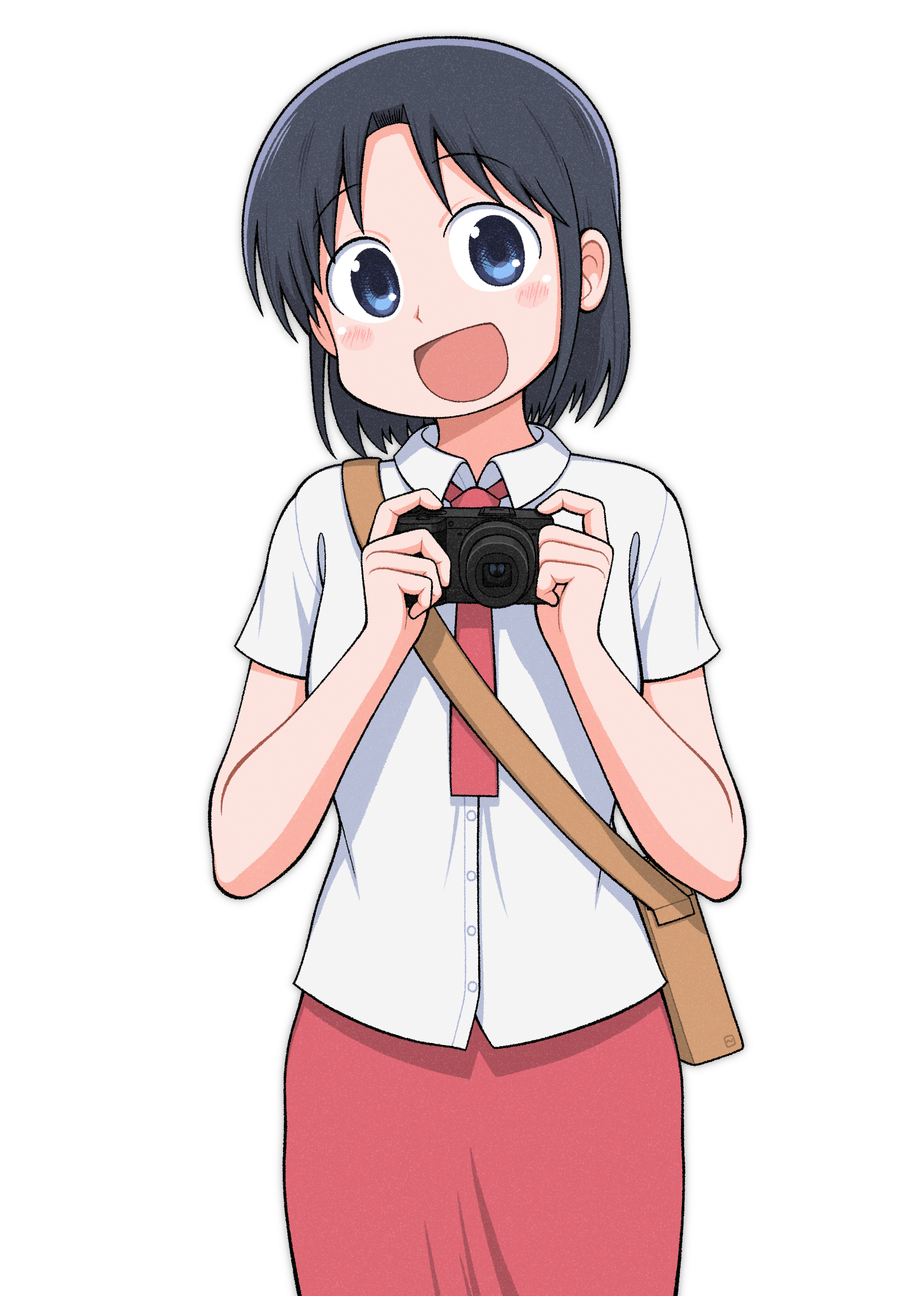 dokadayo, izumi wako, city (arawi keiichi), absurdres, highres, 1girl, black hair, blue eyes, blush, brown bag, buttons, camera, collared shirt, digital camera, holding, holding camera, looking at viewer, necktie, open mouth, red necktie, red skirt, shirt, short hair, short sleeves, simple background, skirt, smile, solo, white background, white shirt