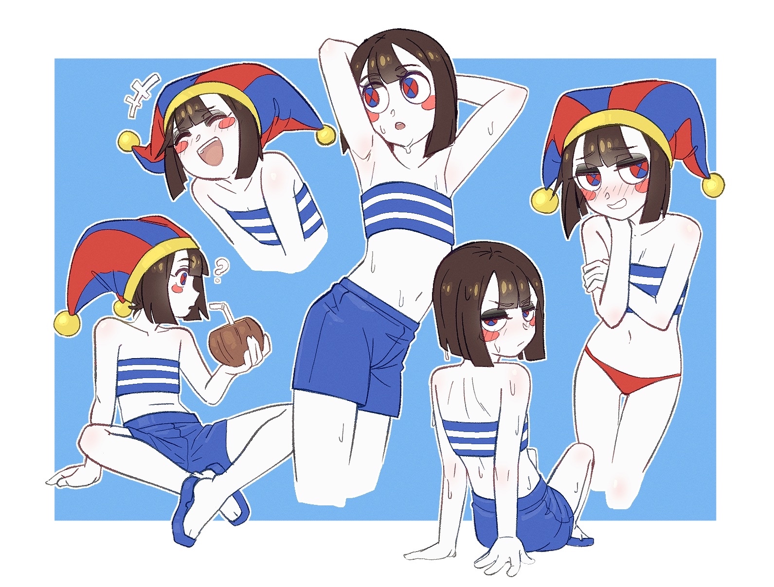 vibrantrida, pomni (the amazing digital circus), the amazing digital circus, highres, 1girl, alternate costume, blue eyes, brown hair, gloves, hat, jester, jester cap, multicolored eyes, red eyes, two-tone eyes