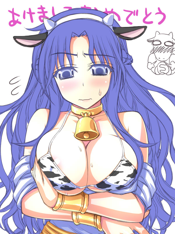 morimoto kiyona, breast hold, 1girl, animal ears, animal print, bell, bikini, blue hair, breasts, breasts squeezed together, collar, cow ears, cow girl, cow print, cowbell, female focus, large breasts, neck bell, solo, swimsuit