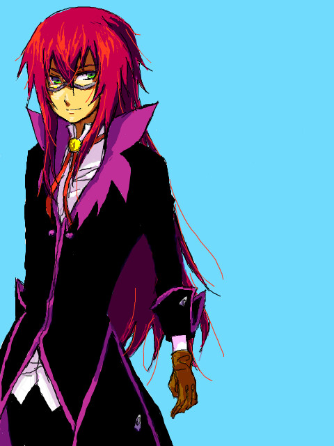 richter abend, tales of (series), tales of symphonia, tales of symphonia: dawn of the new world, 00s, 1boy, aqua background, glasses, green eyes, male focus, red hair, solo