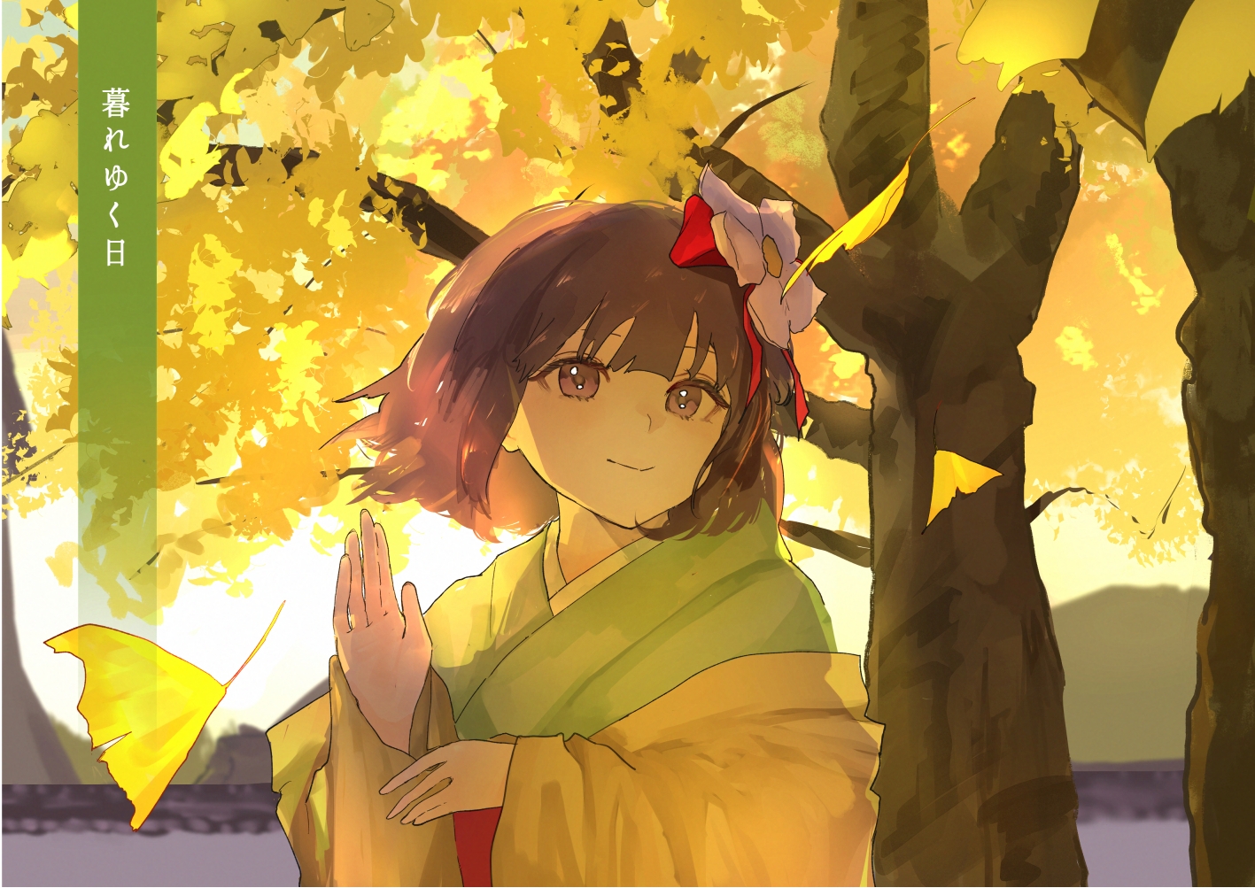 eneshi, hieda no akyuu, touhou, commentary request, translation request, 1girl, blush, bow, flower, greyscale, hair flower, hair ornament, japanese clothes, kimono, long hair, long sleeves, monochrome, purple eyes, purple hair, ribbon, short hair, skirt, solo, wide sleeves