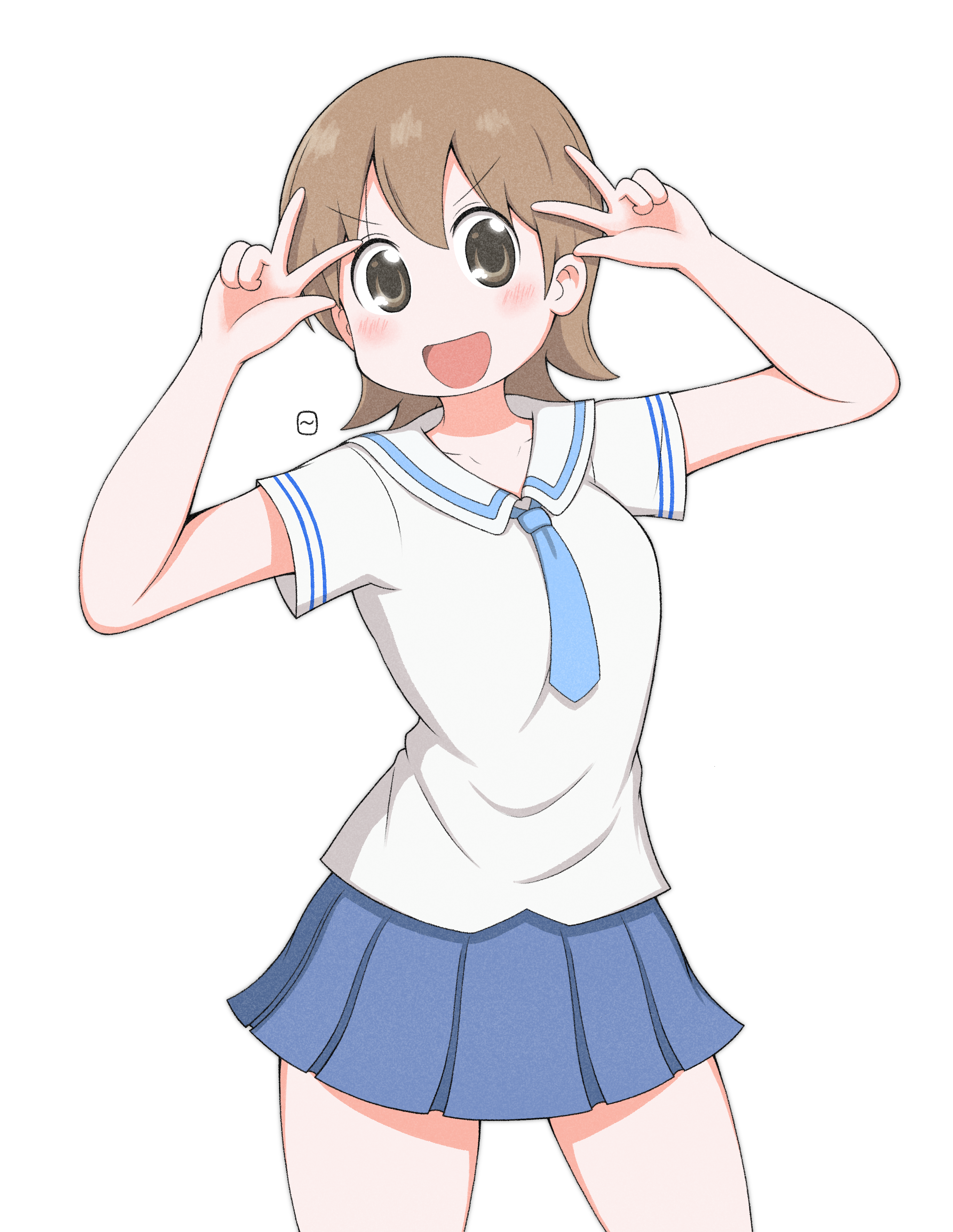 dokadayo, aioi yuuko, nichijou, absurdres, highres, 1girl, blue necktie, blue skirt, brown eyes, brown hair, double v, light blush, looking at viewer, necktie, open mouth, pleated skirt, sailor collar, school uniform, serafuku, shirt, short hair, short sleeves, signature, simple background, skirt, smile, solo, tokisadame school uniform, v, white background, white sailor collar, white shirt