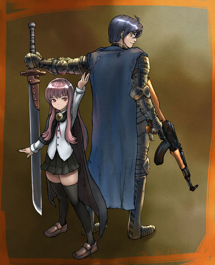 taikoubou (ace), hiraga saito, louise francoise le blanc de la valliere, zero no tsukaima, bad id, bad pixiv id, 00s, 1boy, 1girl, ahoge, ak-47, armor, assault rifle, blue hair, brown background, cape, copyright name, gun, height difference, holding, holding gun, holding weapon, kalashnikov, kalashnikov rifle, long hair, pentacle, pink eyes, pink hair, rifle, school uniform, short hair, sword, thighhighs, trigger discipline, wand, weapon, zettai ryouiki