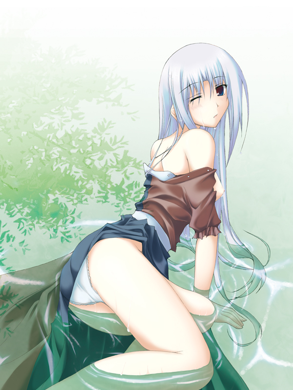 gisyo, yagokoro eirin, touhou, bad id, bad pixiv id, 1girl, bare shoulders, blue eyes, blue hair, breasts, female focus, hair down, long hair, looking back, matching hair/eyes, nipples, off shoulder, one eye closed, panties, sitting, solo, submerged, underwear, very long hair, water, wet, wet clothes, wink