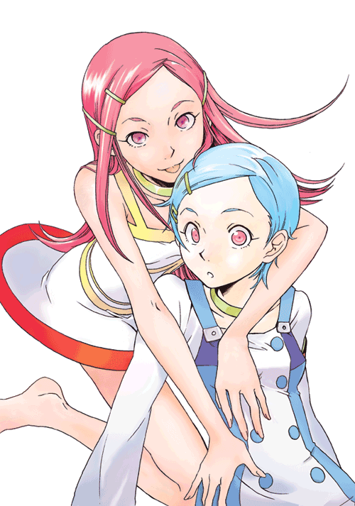 anemone (eureka seven), eureka (eureka seven), eureka seven, eureka seven (series), 00s, 2girls, barefoot, blue hair, collar, hair ornament, hairclip, hug, multiple girls, pink eyes, pink hair, simple background, sitting