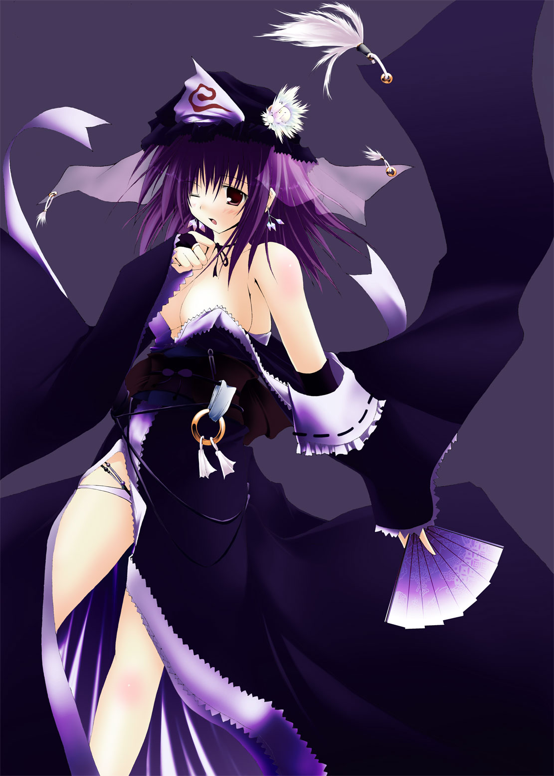 gisyo, saigyouji yuyuko, touhou, bad id, bad pixiv id, highres, 1girl, alternate costume, bare shoulders, breasts, cleavage, female focus, hand fan, hat, japanese clothes, medium breasts, panties, purple hair, red eyes, simple background, solo, underwear