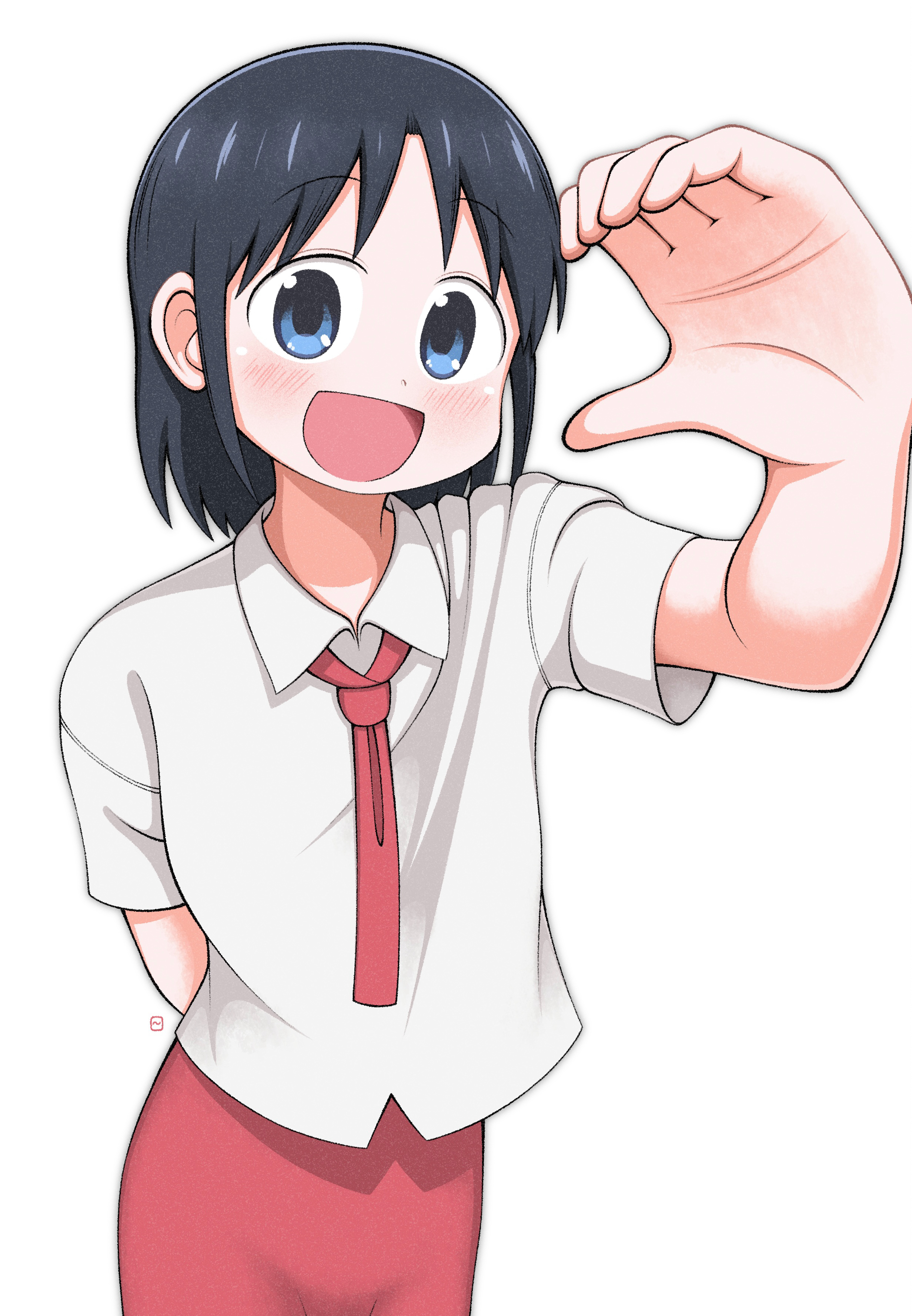 dokadayo, izumi wako, city (arawi keiichi), absurdres, highres, 1girl, :d, arm behind back, black hair, blue eyes, blush, breasts, dress shirt, happy, looking at viewer, necktie, open hand, open mouth, reaching, reaching towards viewer, red necktie, shadow, shirt, short hair, smile, solo, white background, white shirt